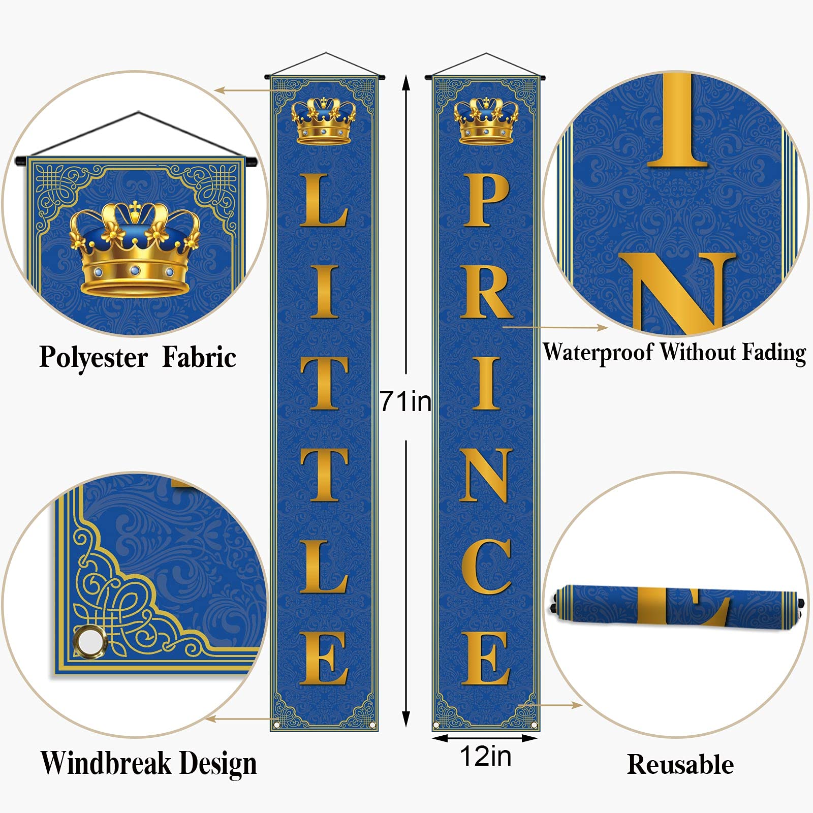 Royal Prince Baby Shower Decoration For Boy Little Prince Porch Banner Blue And Gold Little Prince Crown Royal Celebration Party
