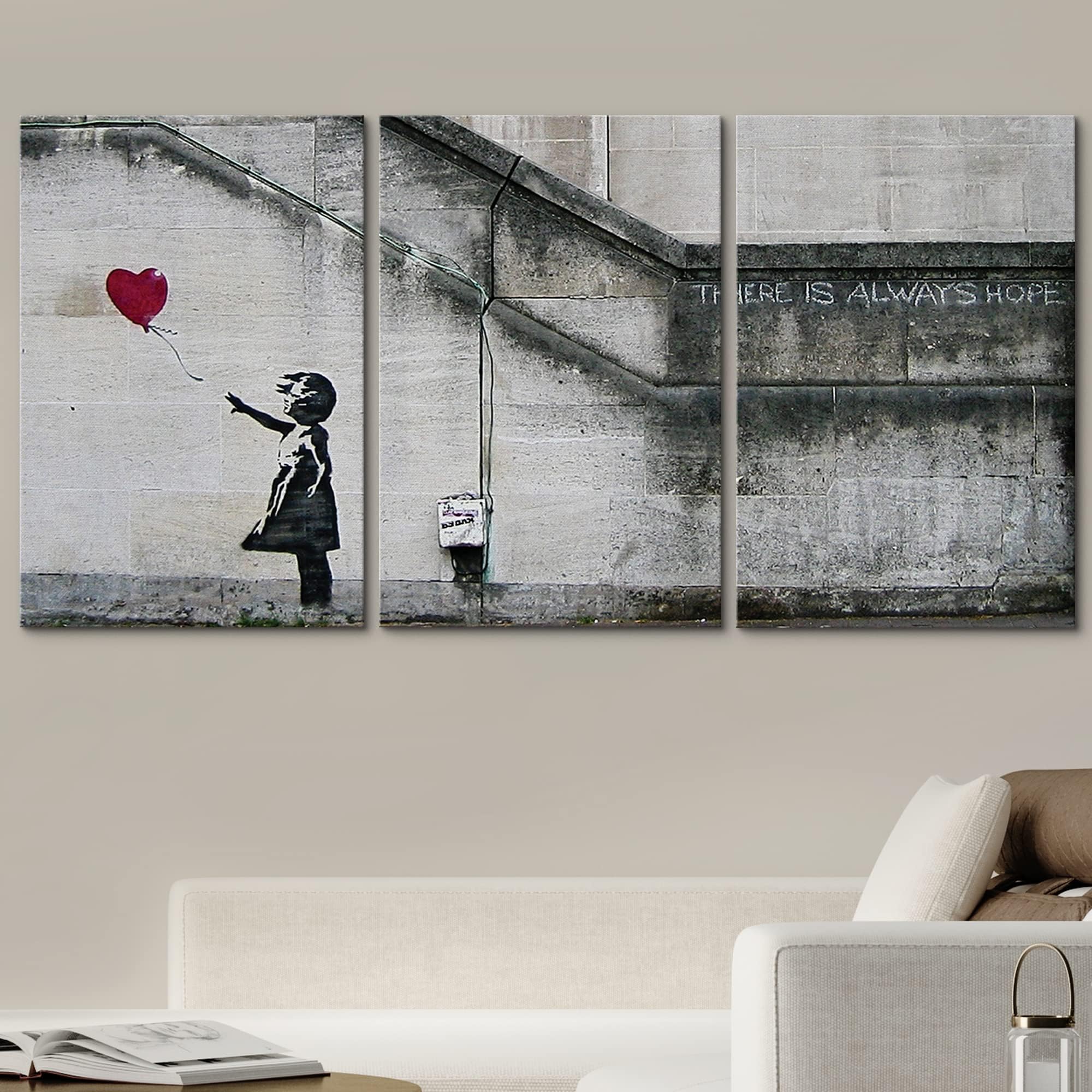 Wall26 - 3 Piece Canvas Wall Art - There Is Always Hope - Girl And Red Heart Balloon - Street Art - Guerilla - Modern Home Art S