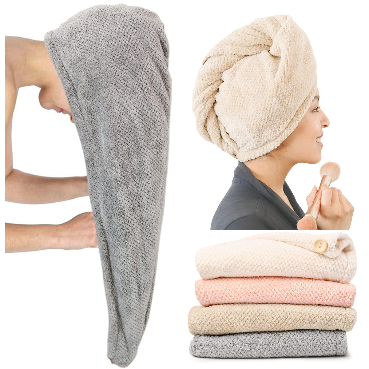 ROLSHOL Extra Large 4 Pack Microfiber Hair Towel Wrap for Women Super Absorbent & Quick Dry Hair Drying Towels with Button, Hair