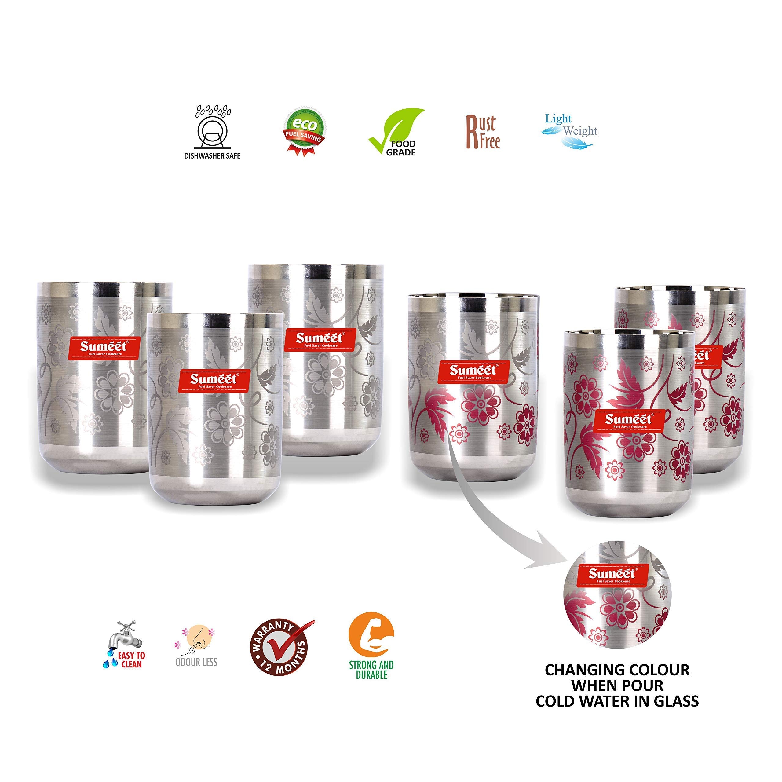 Sumeet Stainless Steel Laser Printed Miracle Glass Set Of 6 Pcs (Capacity - 300 Ml Each) (Changing Colour)