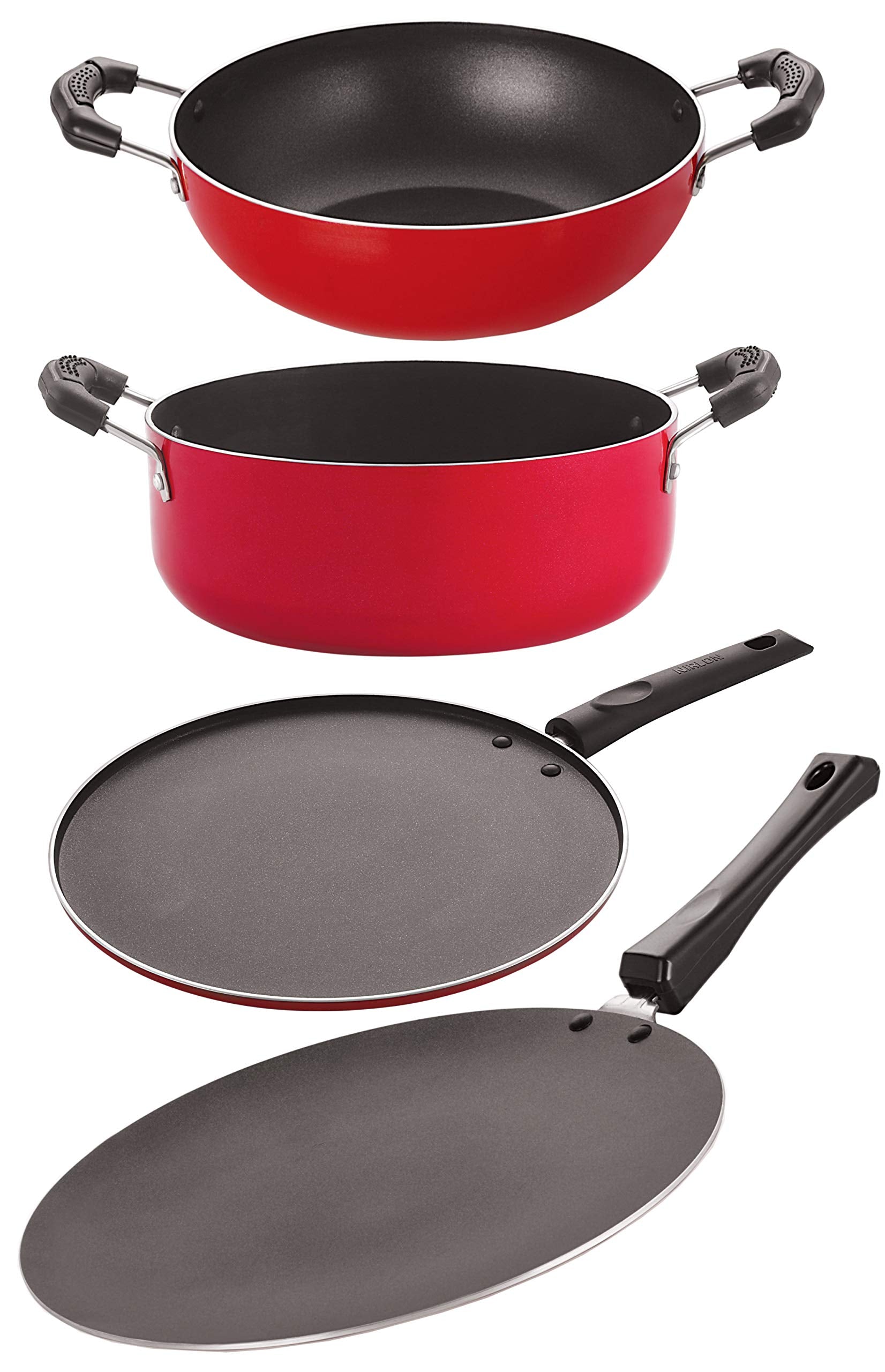 Nirlon Kitchen Non Stick Cookware Combo Concave Roti Tawa/Kadhai/Flat Tawa/Casserole  Set Of 4 (Red And Black)