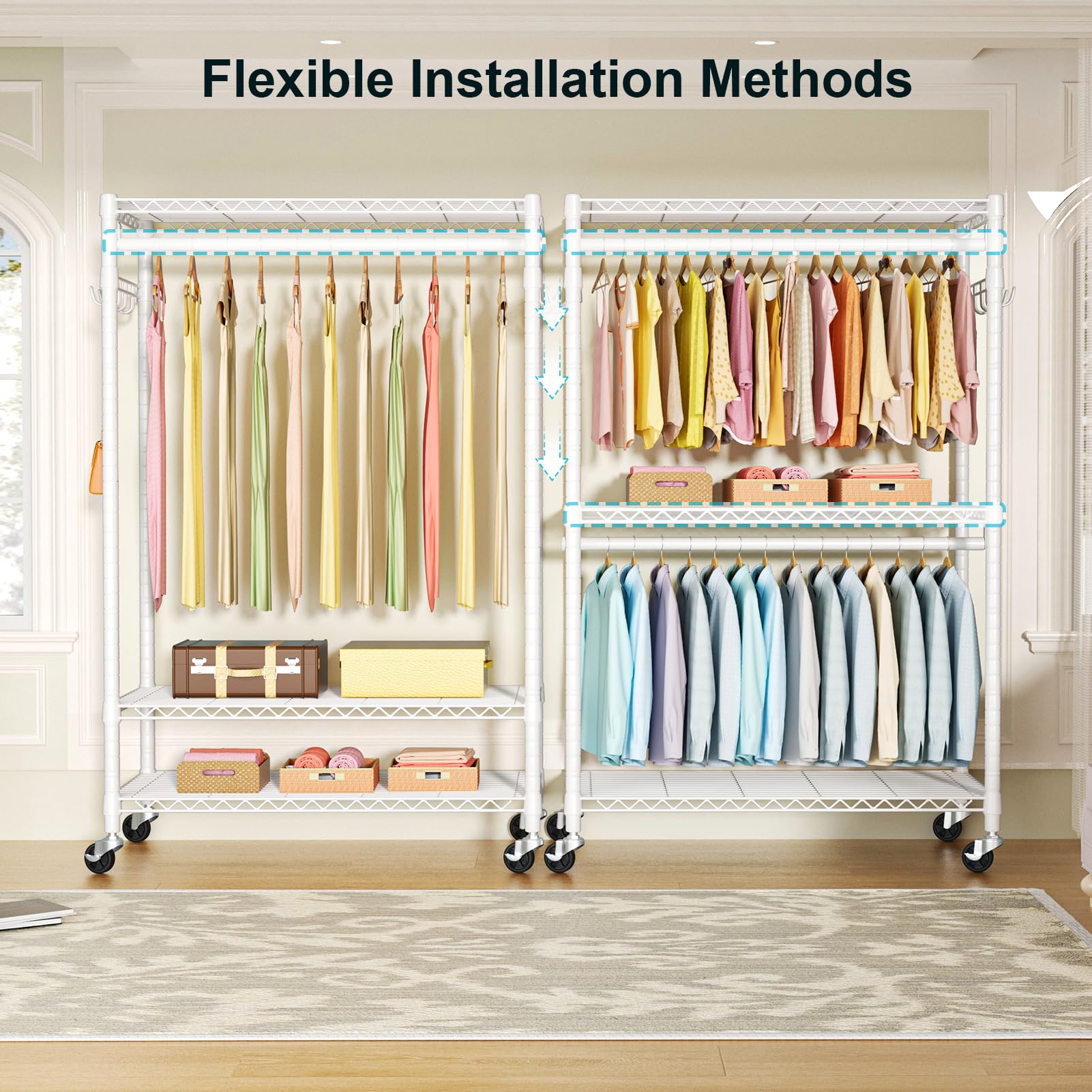 Futassi P1 Plus Rolling Clothes Rack, 22Mm Diameter Heavy Duty Garment Rack With Wheels, Portable Closet Wardrobe With Double Ro