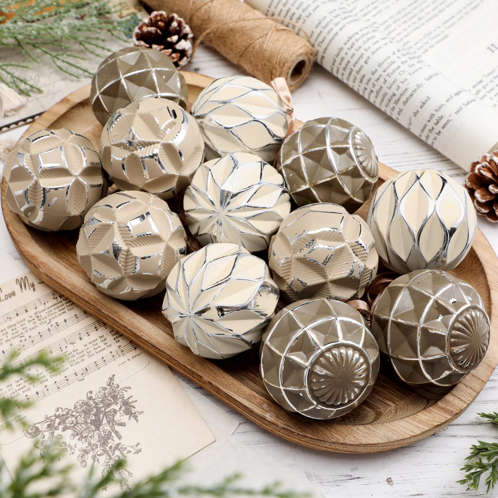 Syhood 12 Pcs Neutral Textured Christmas Ball Ornaments 2.4 Inch Vintage Boho Cream Beige Brown Xmas Bulbs Rustic Distressed Xma