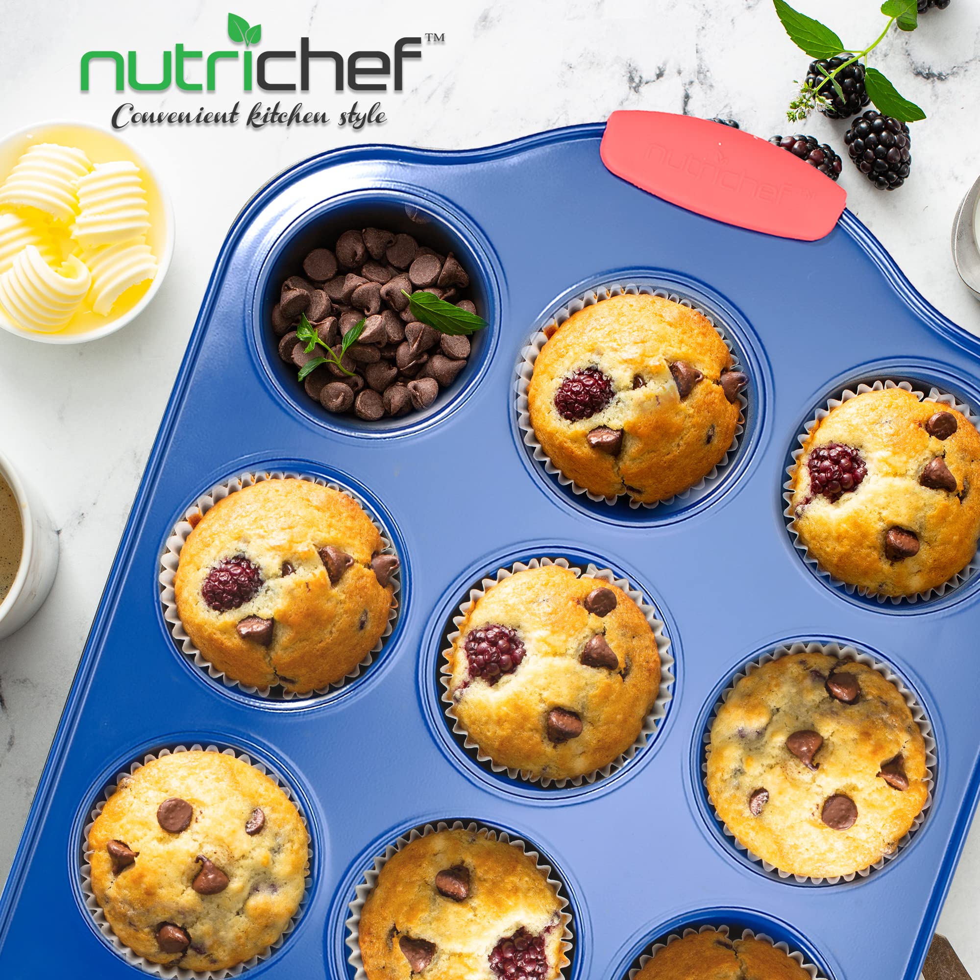 NutriChef 16” 12 Cup Blue Carbon Steel Muffin Pan with Red Silicone Handles, Model BKNCSBSBL6MUFP, Non-Stick Bakeware
