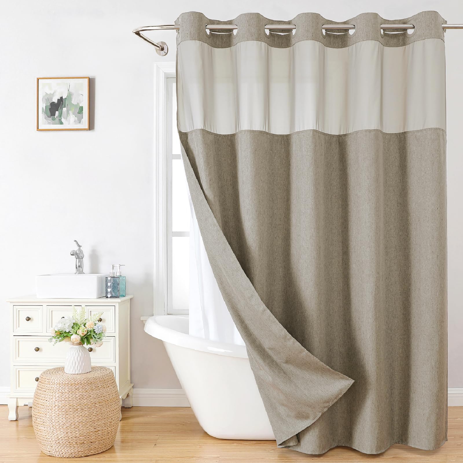 Eachope Extra Long No Hooks Needed Linen Textured Shower Curtain With Snap-In Fabric Liner Set,Hotel Luxury Decor Shower Curtain