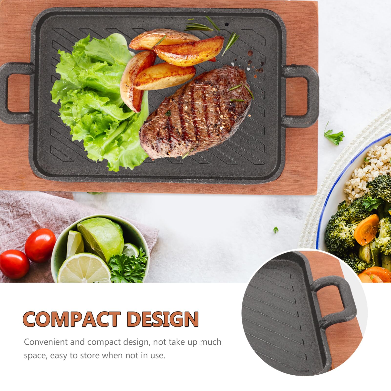 Yardwe Cast Iron Steak Plate Sizzle Griddle With Wooden Base Steak Pan Grill Fajita Server Plate For Home Kitchen Restaurant (7.