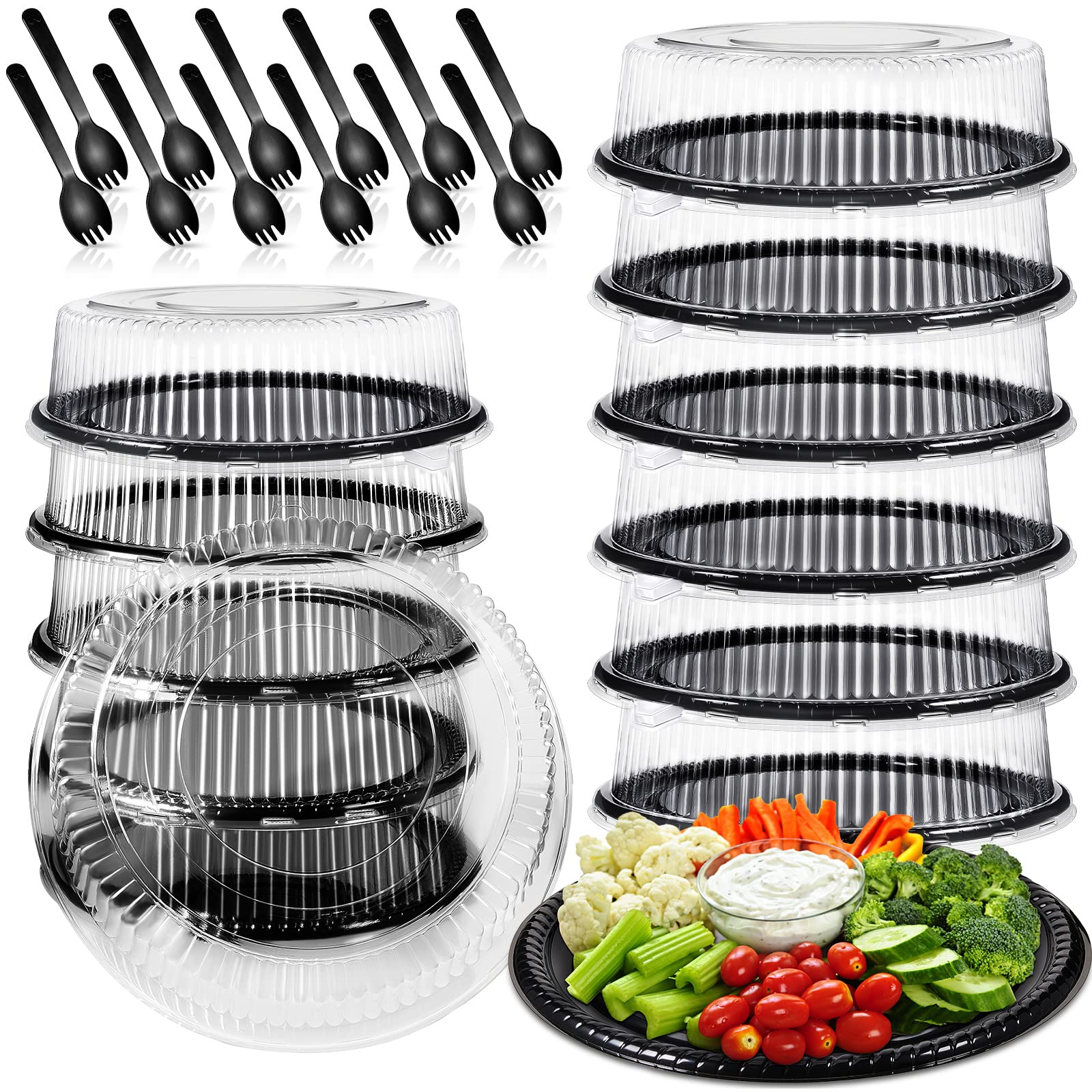 Tessco 12 Pack 12 Inch Heavy Duty Serving Tray With Clear Lid And Sporks, Large Plastic Tray Elegant Platter Round Black Disposa