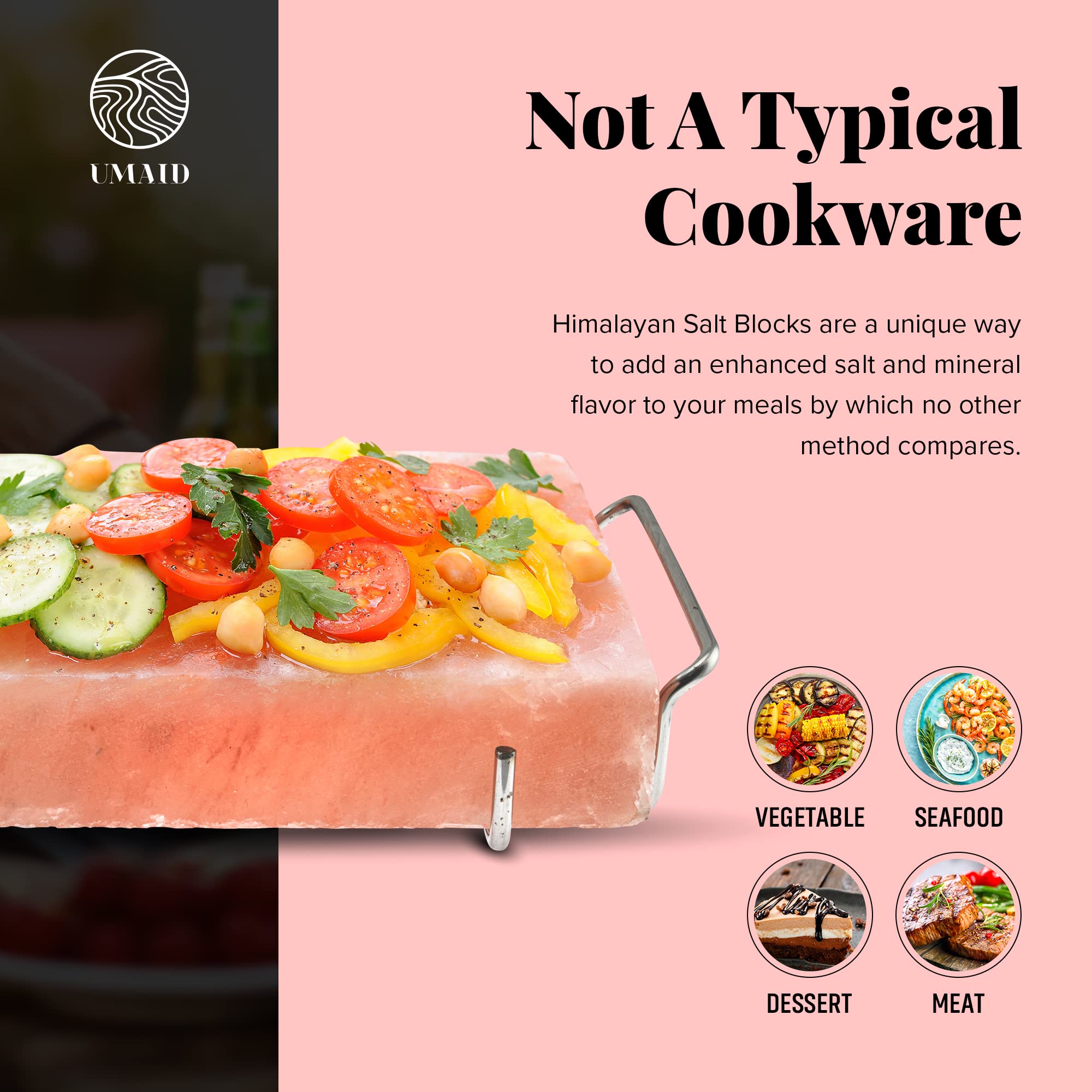UMAID Himalayan Salt Block For Grilling, Cooking, Cutting and Serving,8X8X1.5 Food Grade Himalayan Pink Salt Stone on Stainless