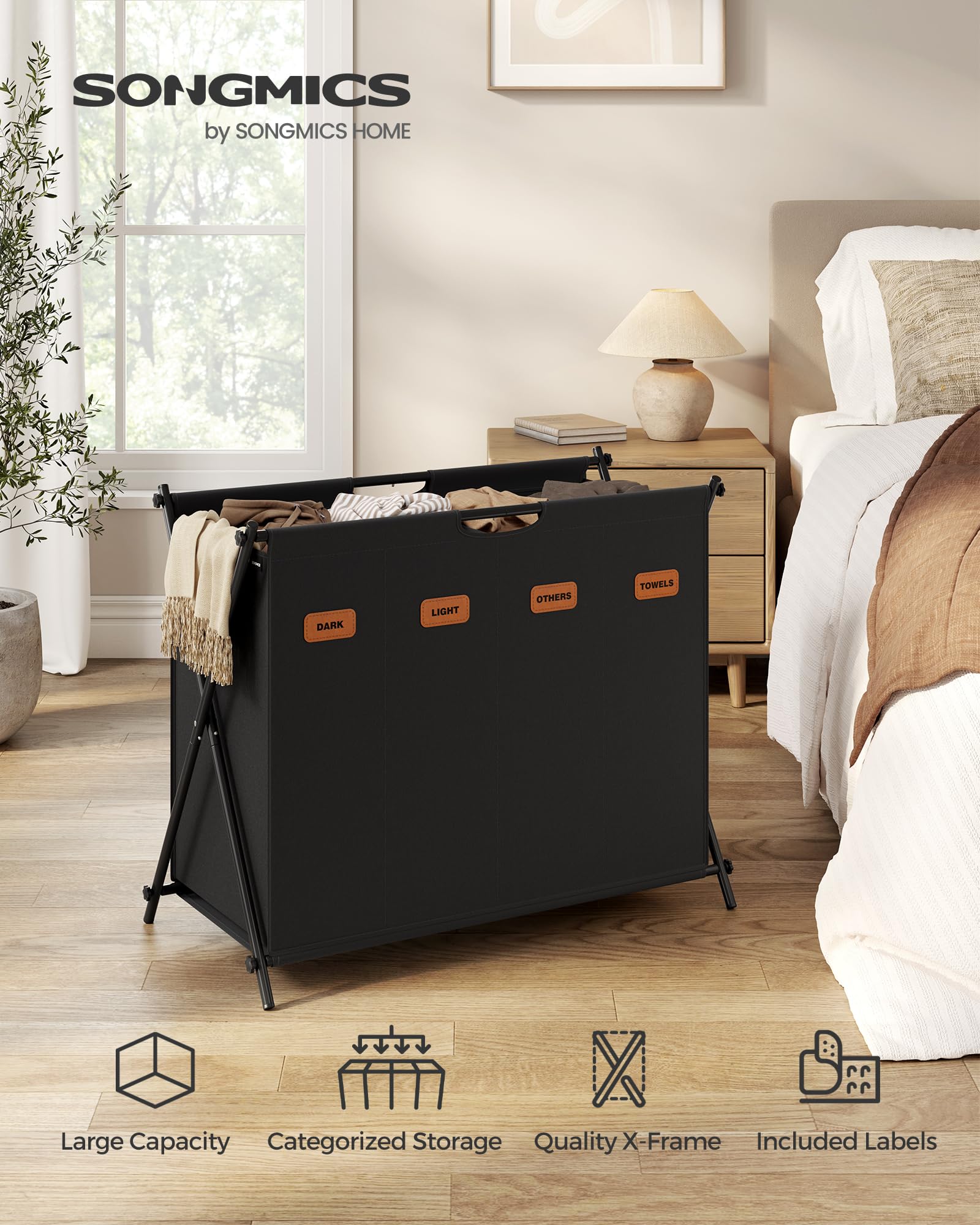 Songmics Laundry Hamper, Laundry Basket, 40.9 Gal. Laundry Sorter 4 Sections, Collapsible X-Frame, Clothes Organizer With Custom