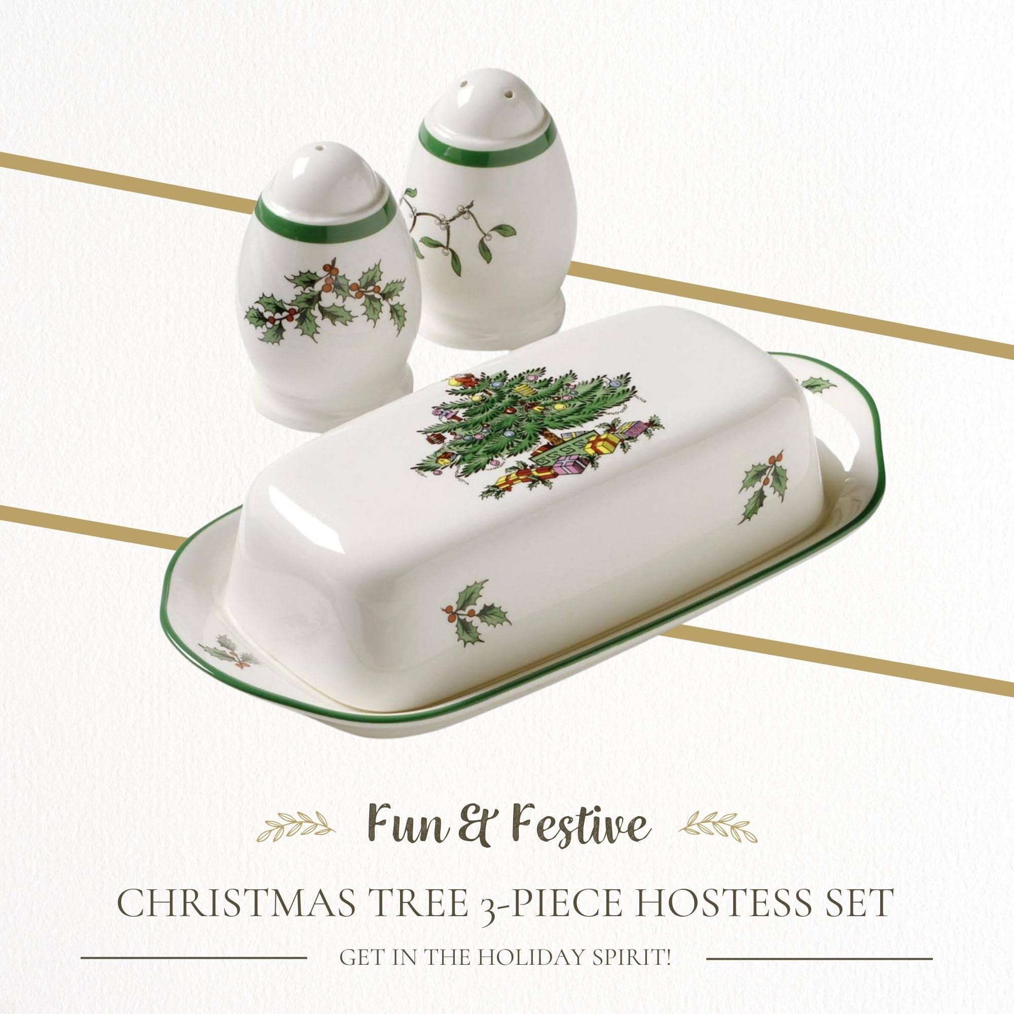 Spode Christmas Tree Hostess Set - 3-Piece Butter Dish, Salt & Pepper Shakers - 7.5" L, Multicolor, Model 1359477, Dishwasher Safe