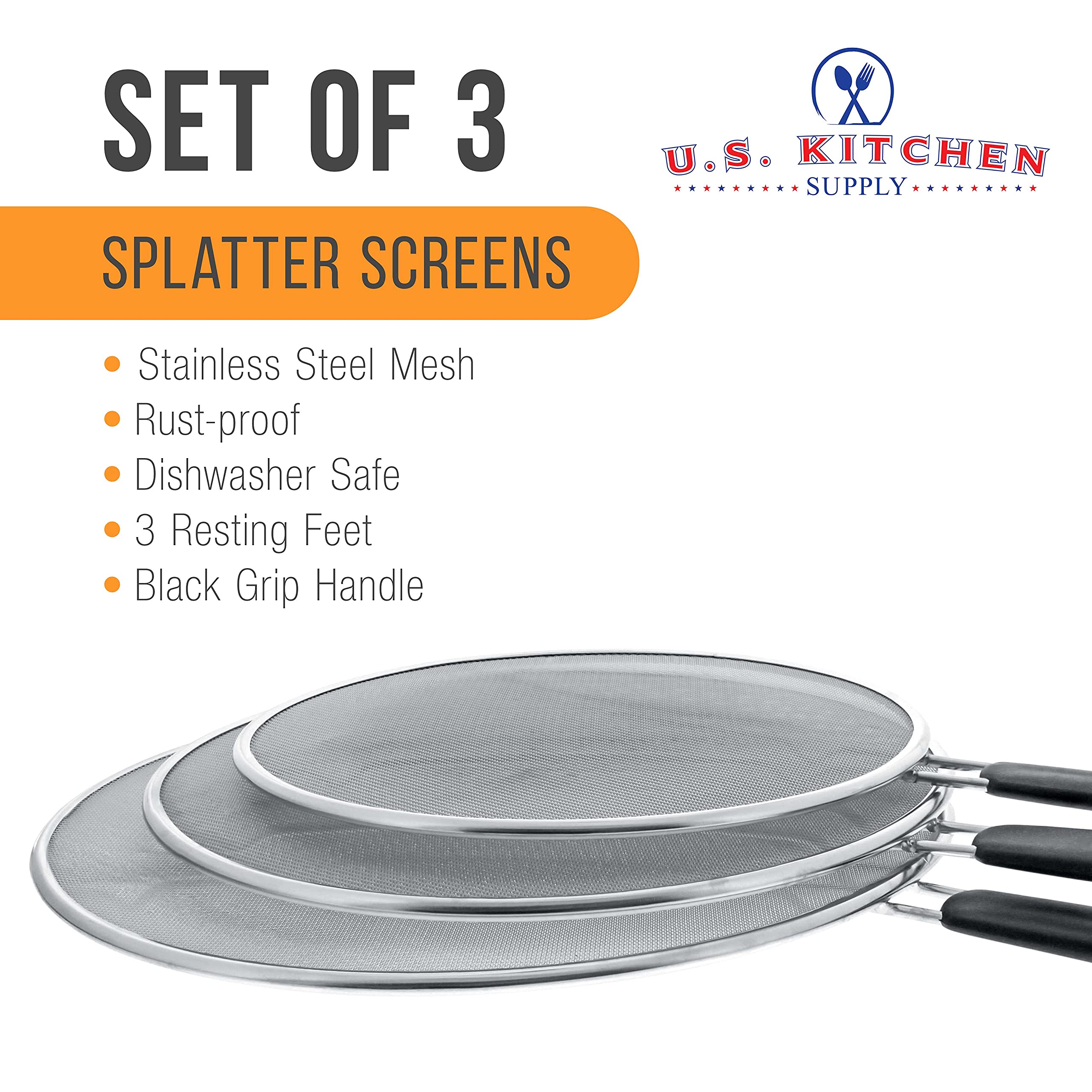U.S. Kitchen Supply 13'', 11.5'', 9.5'' Stainless Steel Fine Mesh Splatter Screen With Resting Feet Set, Black Comfort Grip Hand