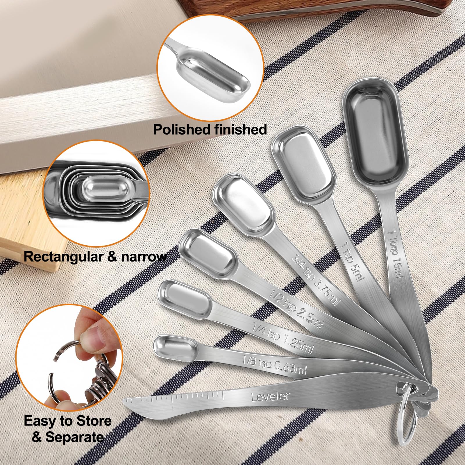S-Shiwei Life Stainless Steel Measuring Spoons Set, 7-Piece Heavy Duty, Metric Sizes 1/8 to 1 tbsp, Silver, Includes Leveler