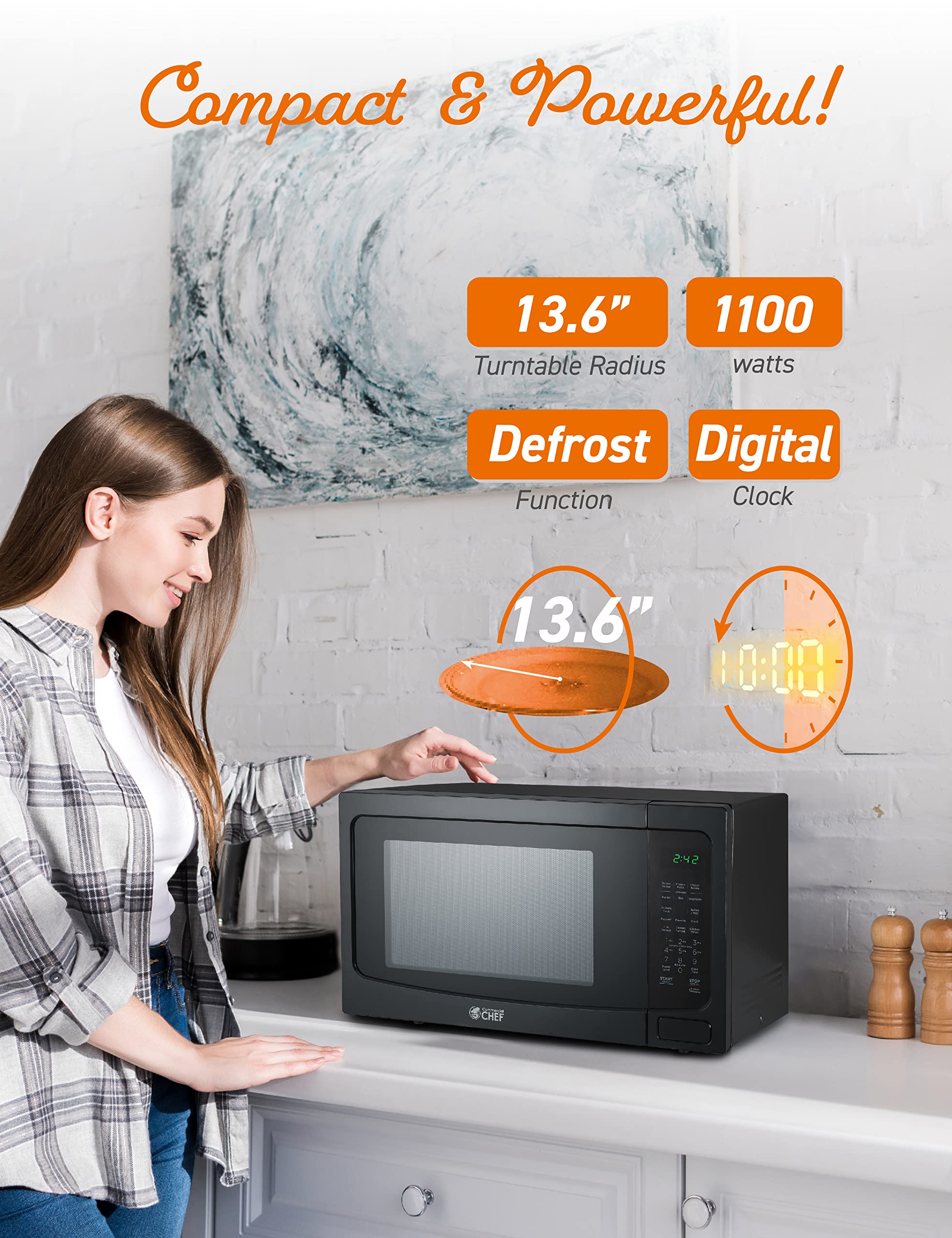 Commercial Chef 1.6 Cubic Foot Microwave With 10 Power Levels, Small Microwave With Push Button Child Safety Lock, 1100 Watt Mic