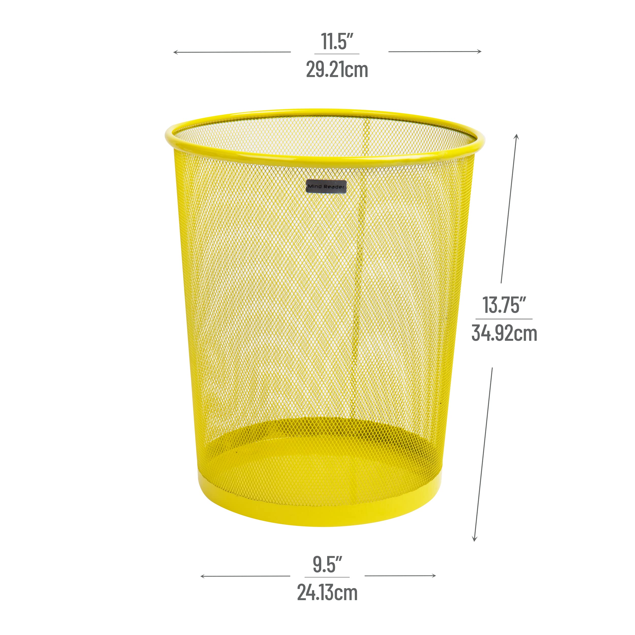 Mind Reader Mesh Trash Can, 16.65L (4.4 Gal), Waste Paper Basket, Round, Office, Metal Mesh, 11.5'' L X 11.5'' W X 13.75'' H, Ye