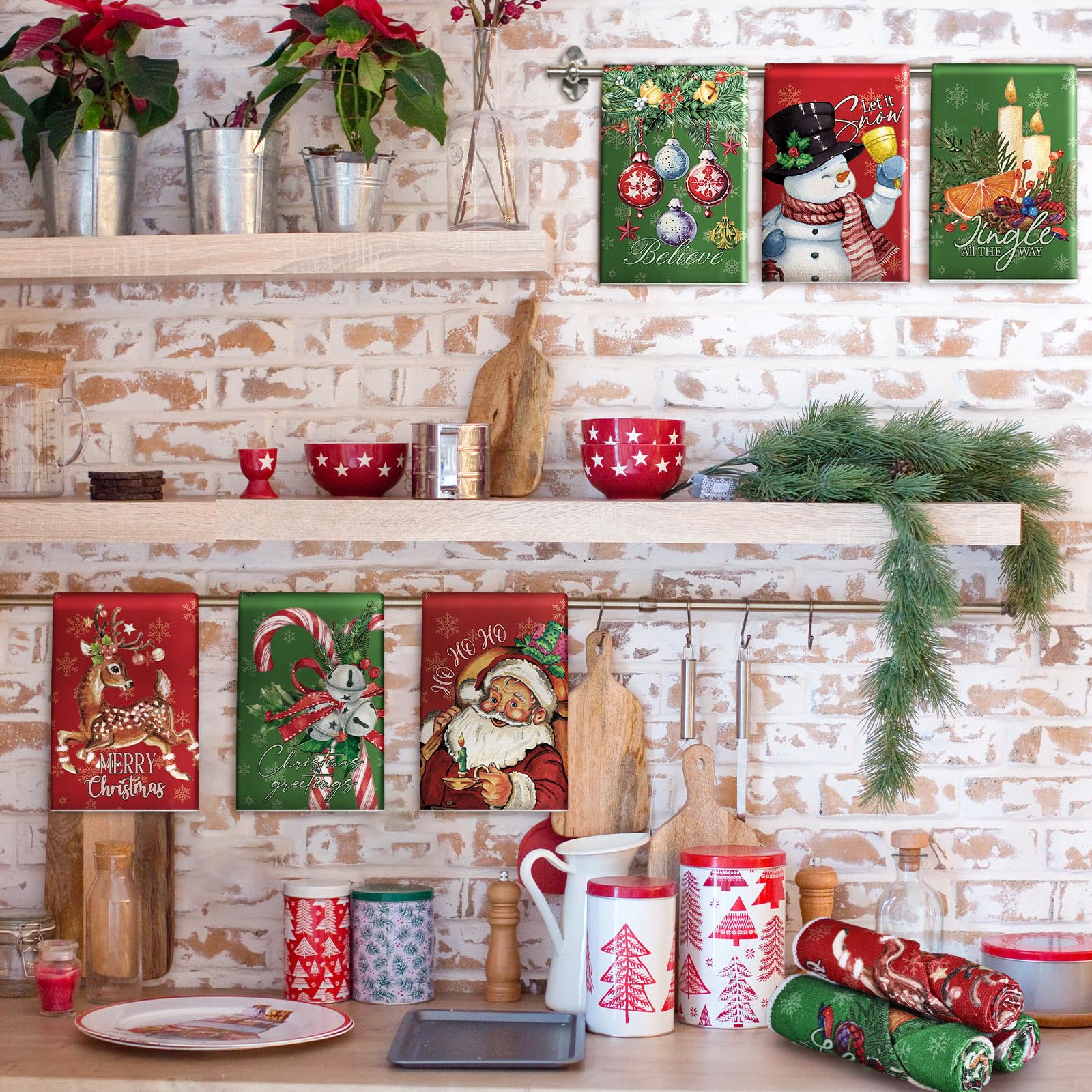 Hosuly 6 Pcs Vintage Christmas Kitchen Towels Red and Green Christmas Hand Towels Xmas Santa Elk Snowman Candy Dish Towels Chris