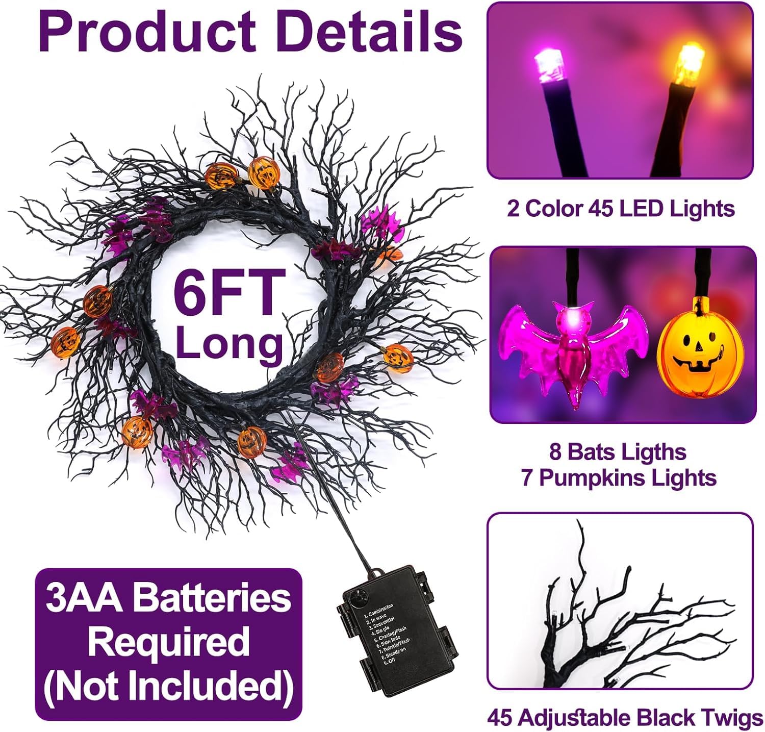 [ 8 Modes & Timer ] 6 Ft 45 LED Halloween Willow Vine Twig Garland Decorations, 8 Bat & Pumpkin Lights, Halloween Garland with W