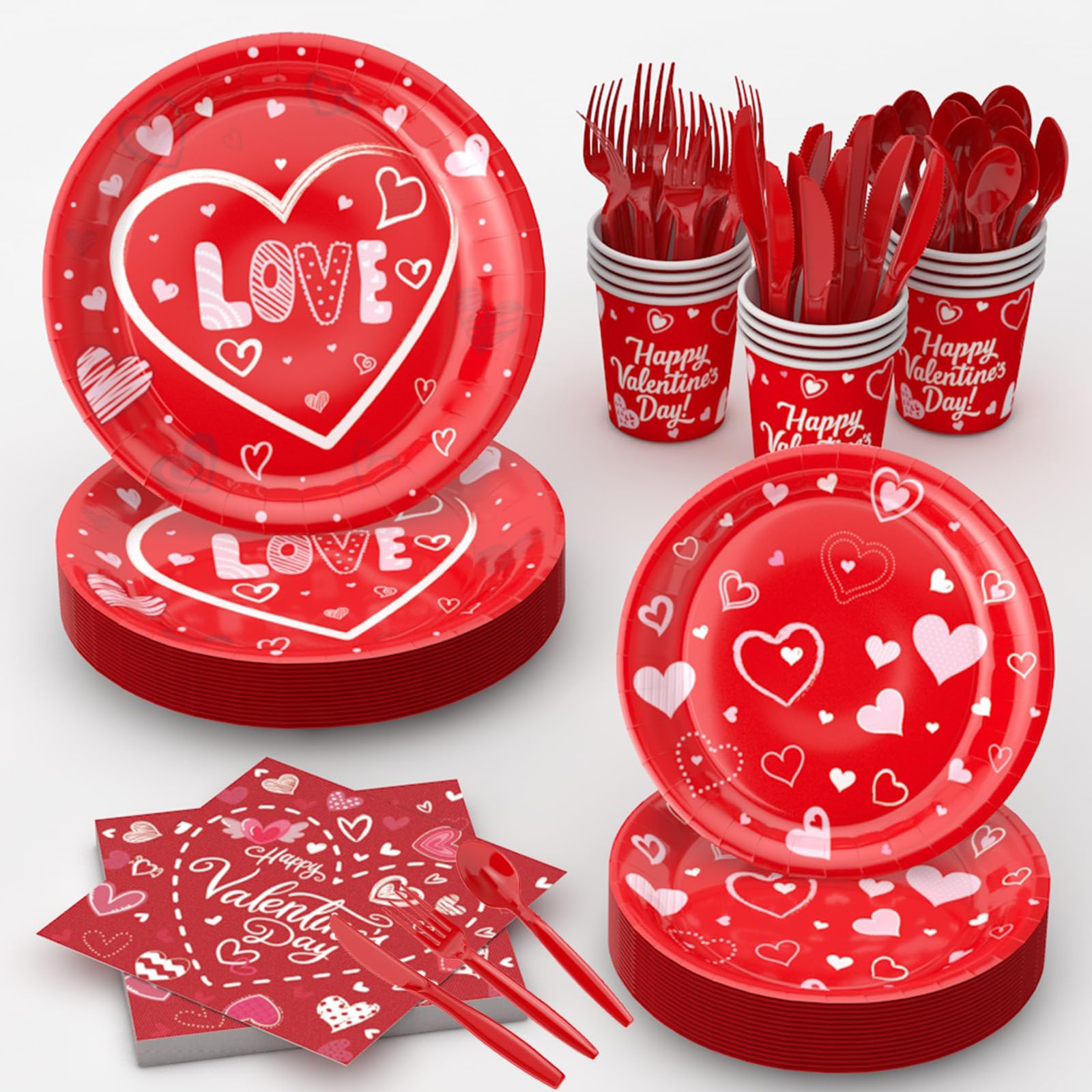 Jiefull 168 Pcs Valentine'S Day Party Tableware, Hot Heart Love Disposable Paper Party Plates And Cups And Napkins Sets Serves 2