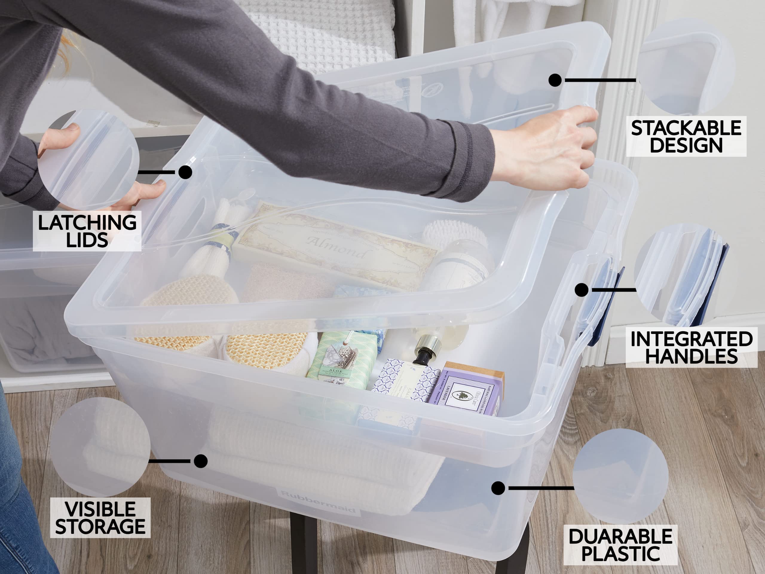 Rubbermaid Cleverstore Clear 71 Qt, 4-Pack With Tray Insert, Made In Usa, Stackable Large Clear Storage Bins With Lids, See-Thro