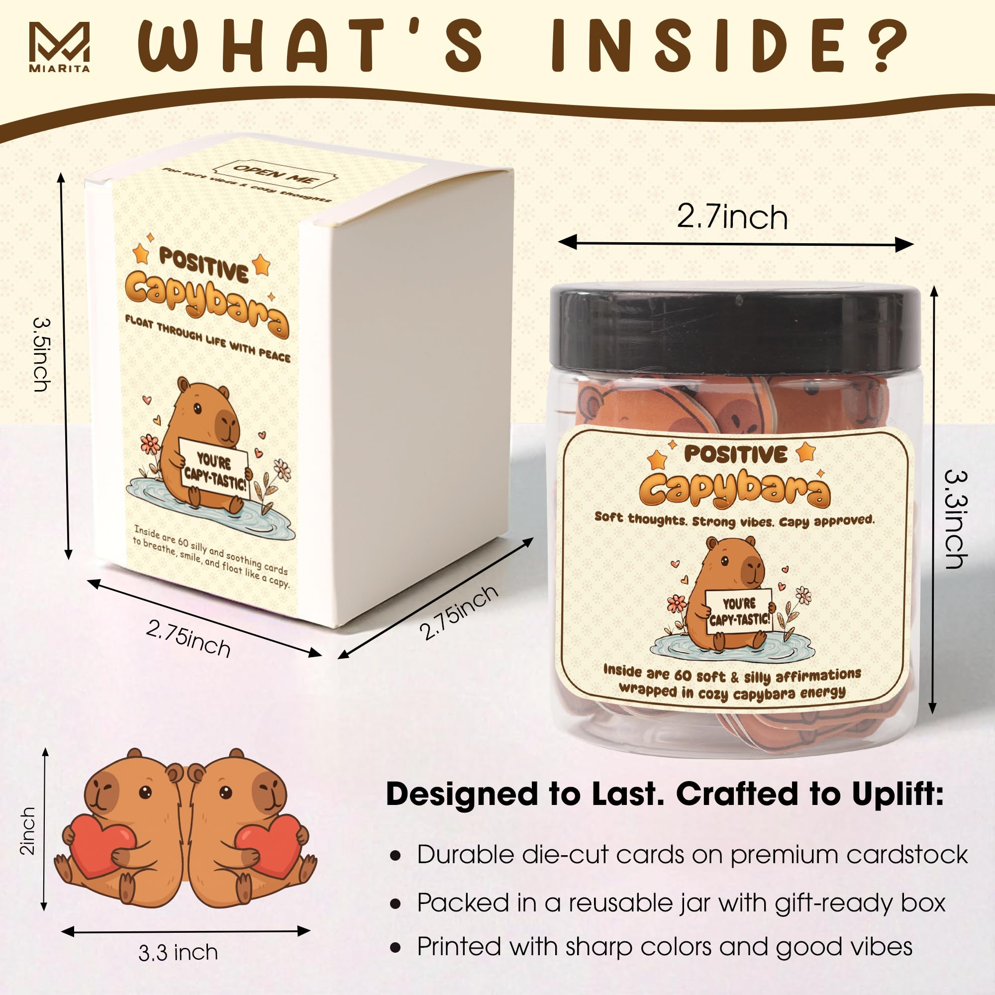 Miarita Positive Capybara Jar - 60 Positive Affirmation Cards For Women, Girls, Cards to Reduce Anxiety & Increase Relaxation, C