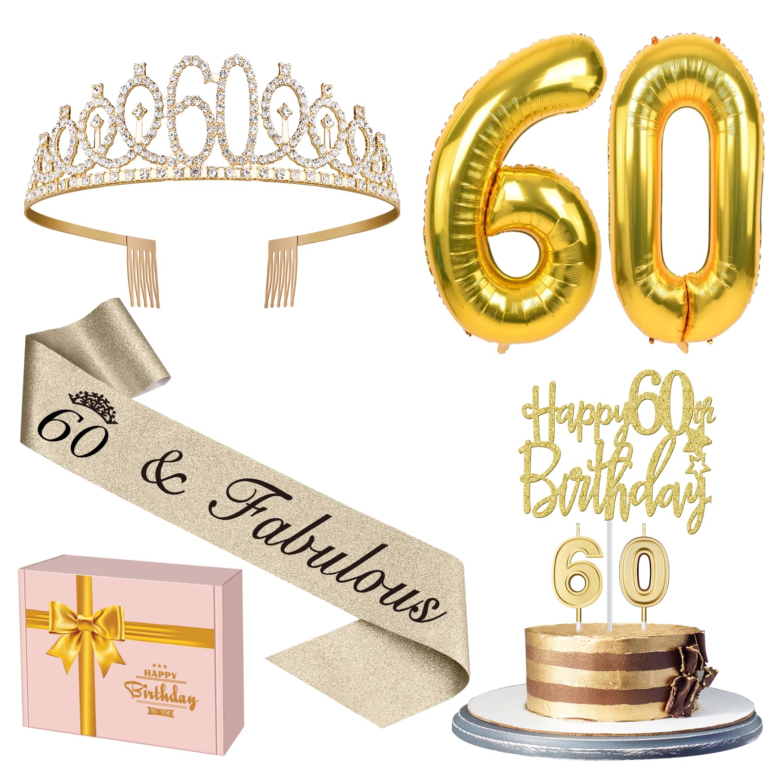 60Th Birthday Decorations For Women Gold With 60Th Birthday Sash And Tiara, 60Th Birthday Cake Topper And 60 Candles, Big Gold 6