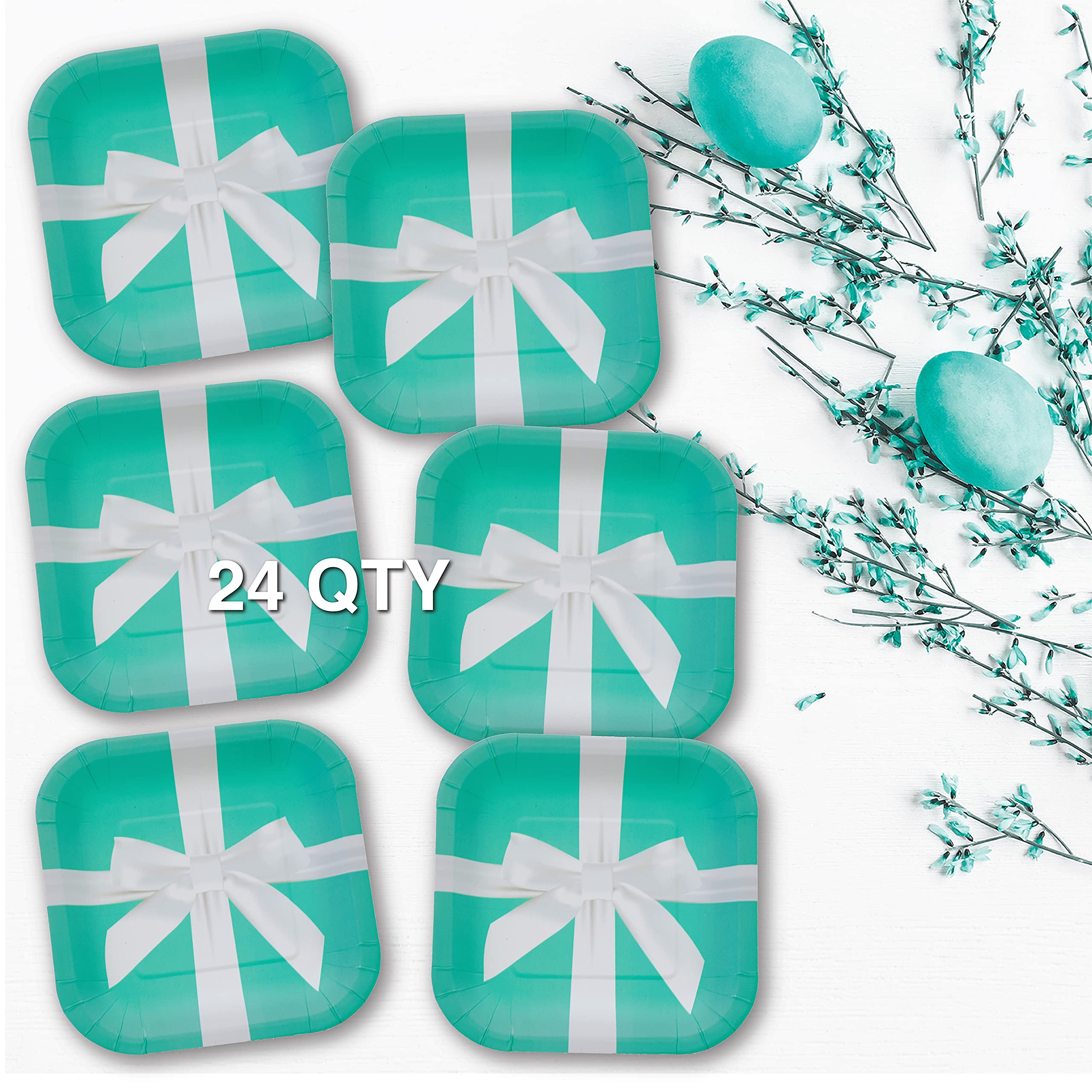 Havercamp Iconic Turquoise Jewelry Box Plates (24 Pcs)! With Stunning Satin Bow. 7In. Square, Heavy Duty Paper Dessert Plates