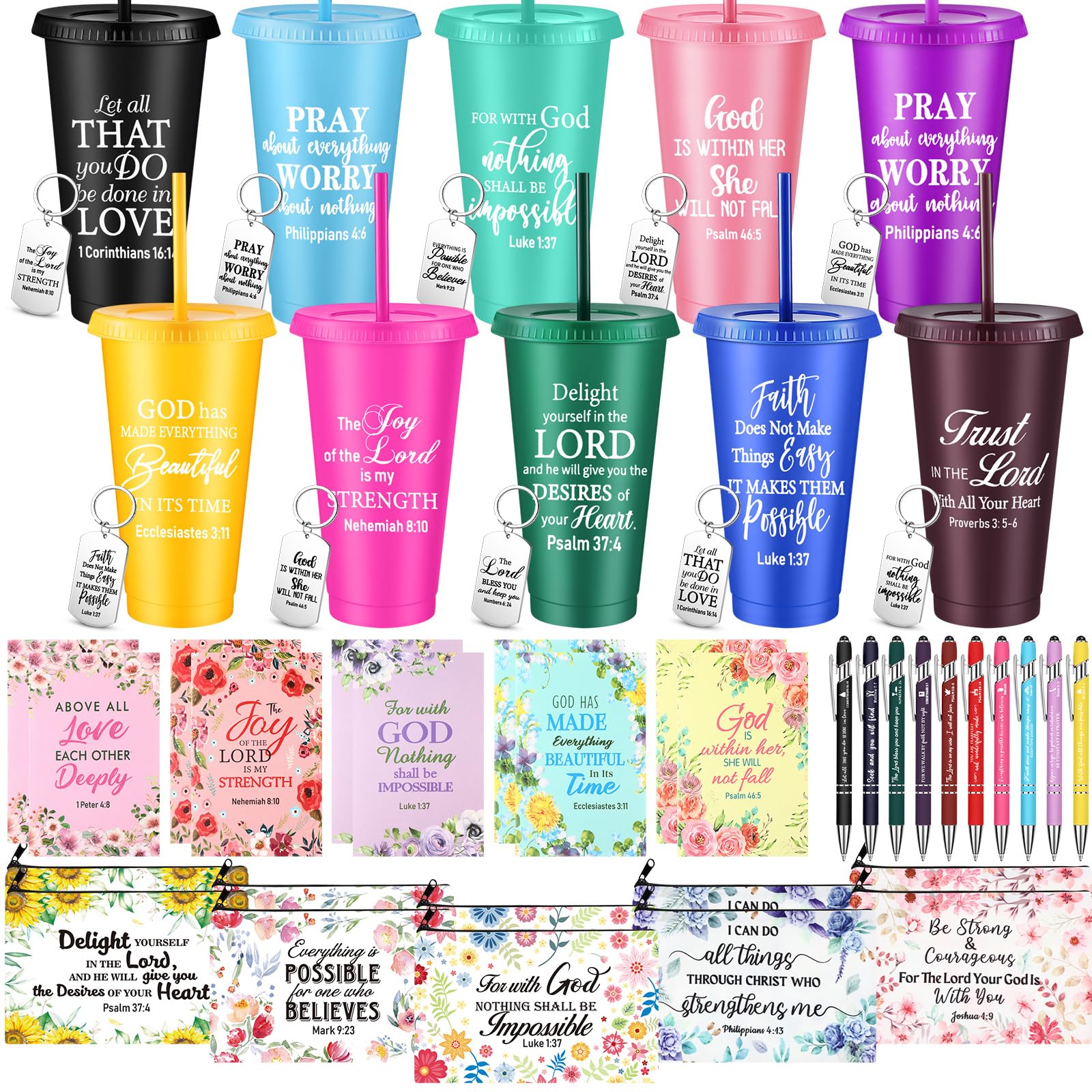 Funnymoom 50 Pcs Christian Gifts for Women Mothers Inspirational Religious Plastic Tumbler Bible Verse Makeup Bag Ballpoint Pen