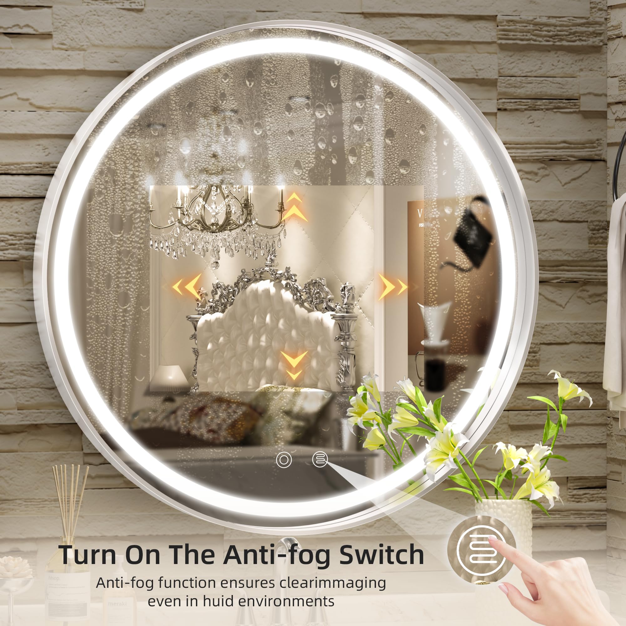 Hasipu 24 Round Led Mirror For Bathroom With Lights, Silver Circular Vanity Mirror For Wall, Metal Framed Frontlit Bathroom Mirr