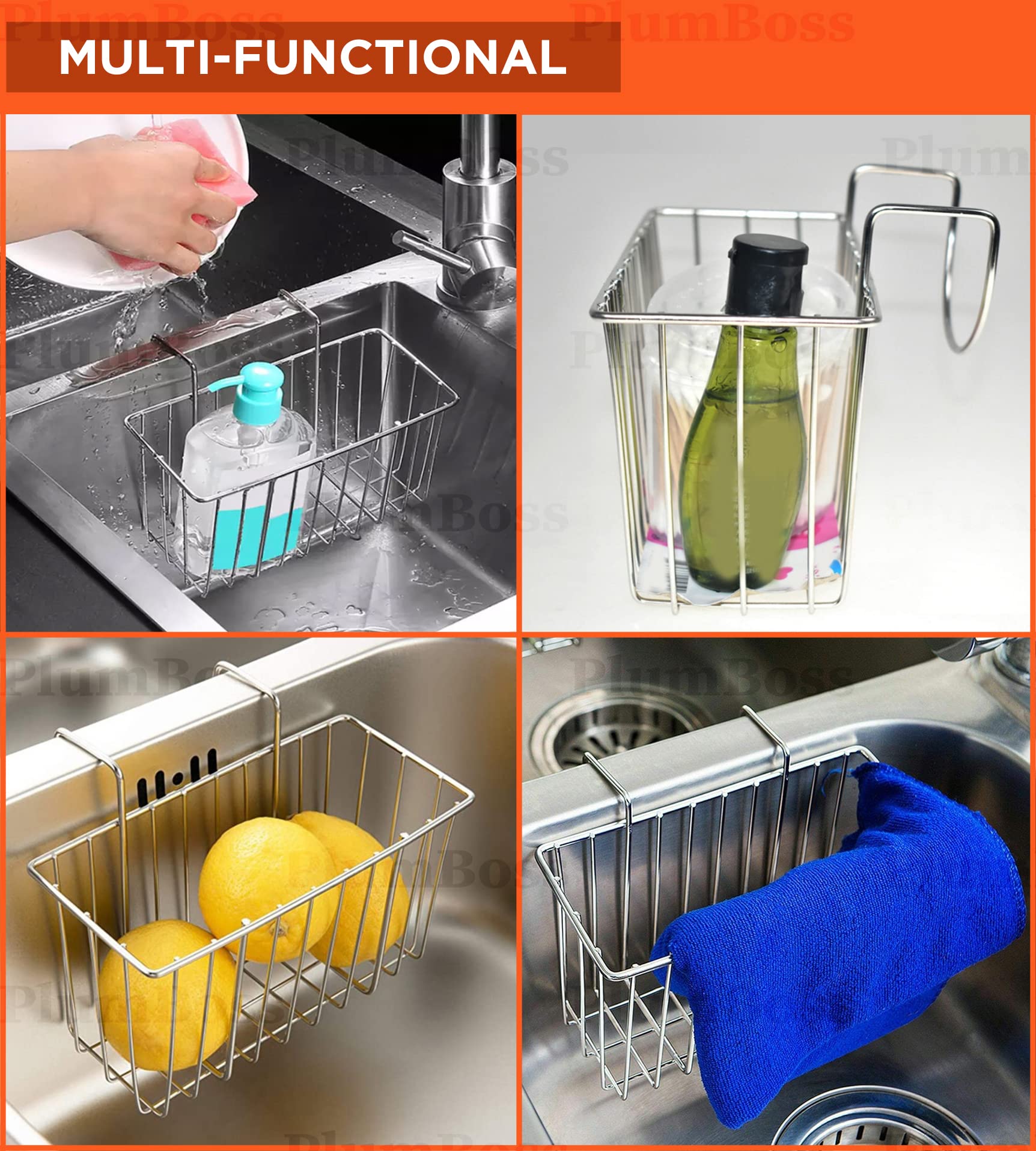 Plumboss Sponge Holder For Kitchen, Stainless Steel Rust Proof Caddy Dish Draining Sink Basket, Large