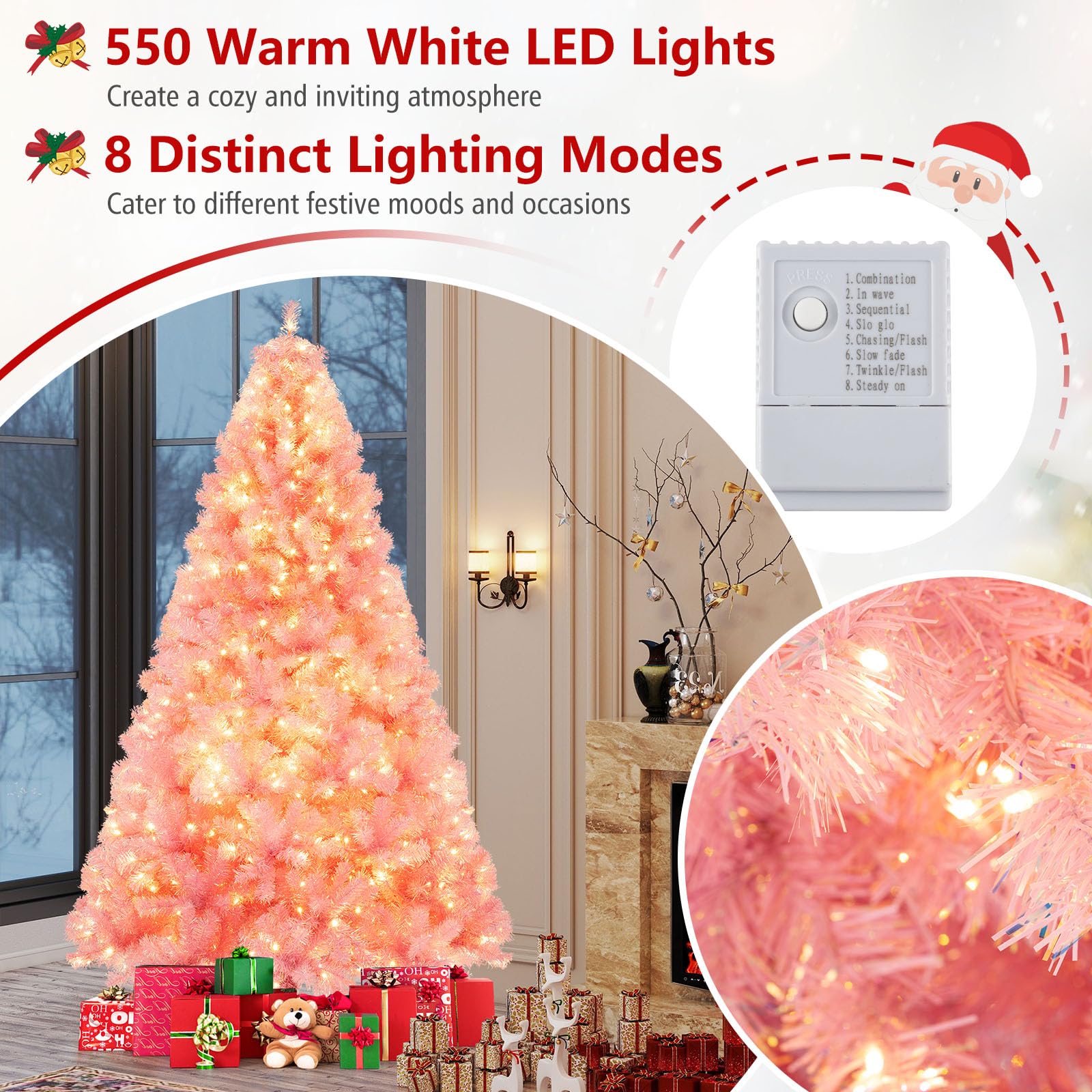 Goplus 7.5 FT Pre-Lit Tinsel Christmas Tree, Artificial Hinged Xmas Tree with 550 Warm White LED Lights, 8 Modes, 1300 Lush Bran