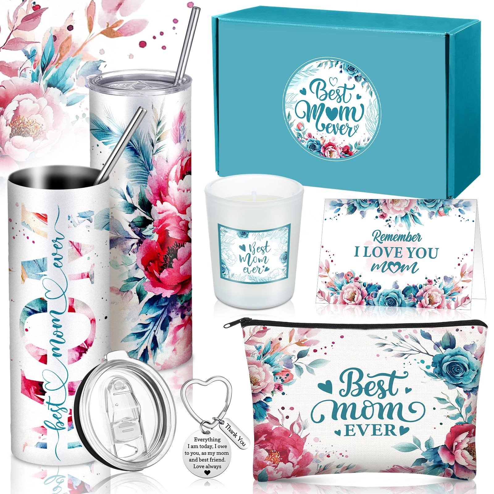 Chuangdi 6 Pcs Mothers Day Gifts Set for Mom Wife Best Mother Ever Gift Ink Floral 20oz Tumbler Cosmetic Bag Scented Candle Key