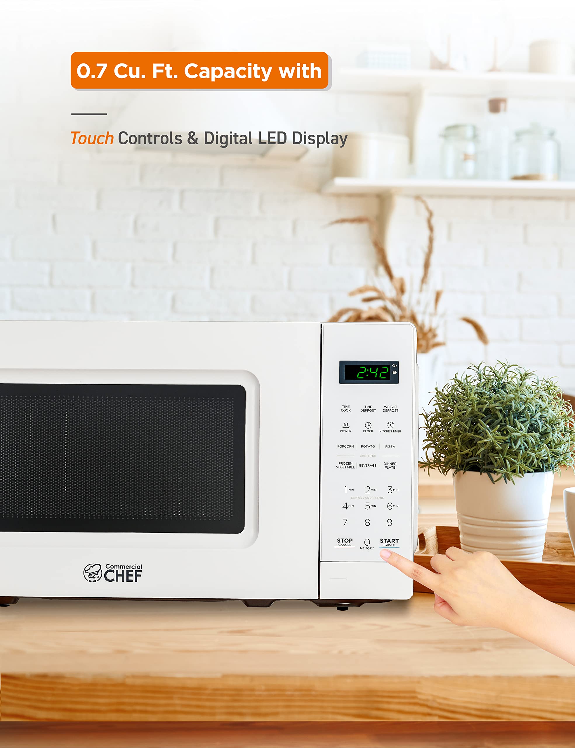 COMMERCIAL CHEF 0.7 Cu Ft Microwave with 10 Power Levels  700W Microwave with Digital Display  Countertop Microwave with Child Safety Door Lock  Programmable with Push Button  White