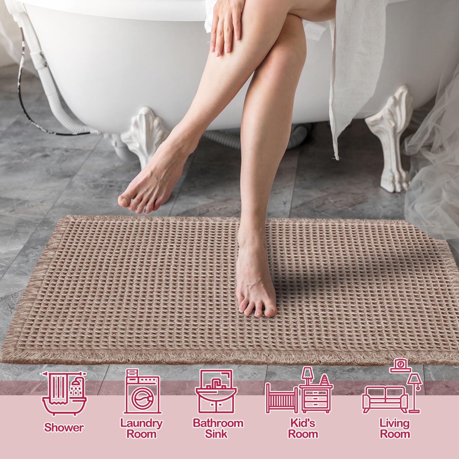 Zall Tan Waffle Bath Mat,Super Absorbent Non Slip Bathroom Rug,Brown 24X36Inch,Machine Washable Ultra Soft Floor Mats
