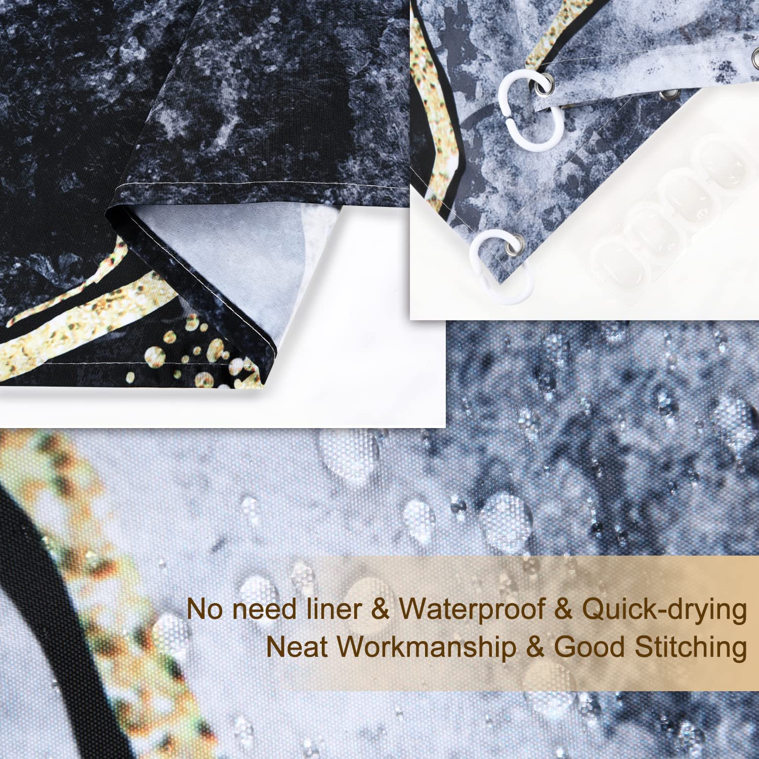 RosieLily Black Shower Curtain  Marble Shower Curtain  Abstract Shower Curtain  Black Marble Shower Curtains Set with 12 Hooks  Black Gray Gold Bathroom Decor  72Wx72H