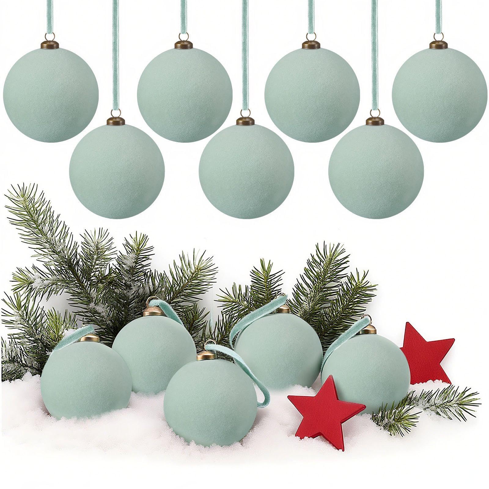 Arrowbash 32 Pcs Sage Green Velvet Christmas Balls Bulk - 3.15 Inch Flocked Christmas Tree Ball Ornaments Xmas Shatterproof Hang