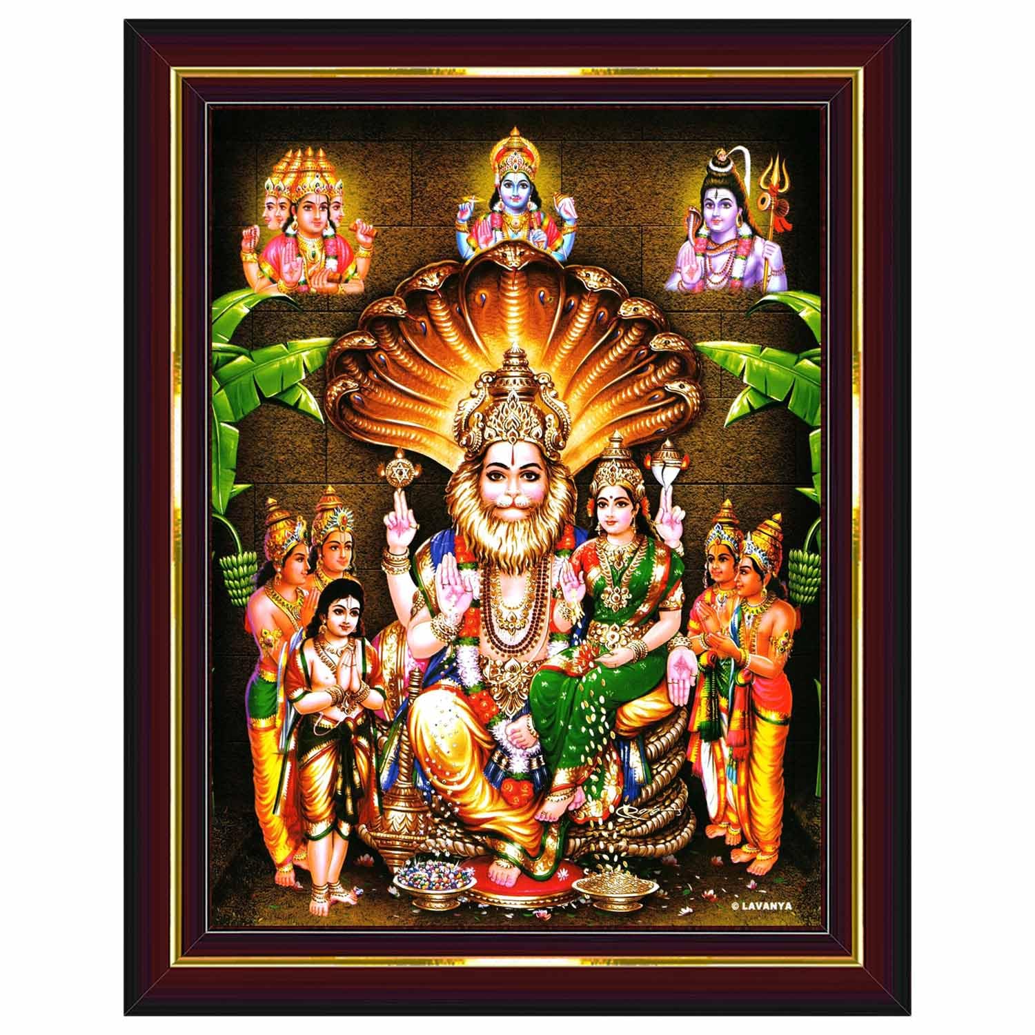 Pavan Photo Laminations Lakshmi Narasimha Swamy Lord Narsingh Bhagwan Wall Painting Framed Home Decor (Wood,Matte,Brown,Small Si