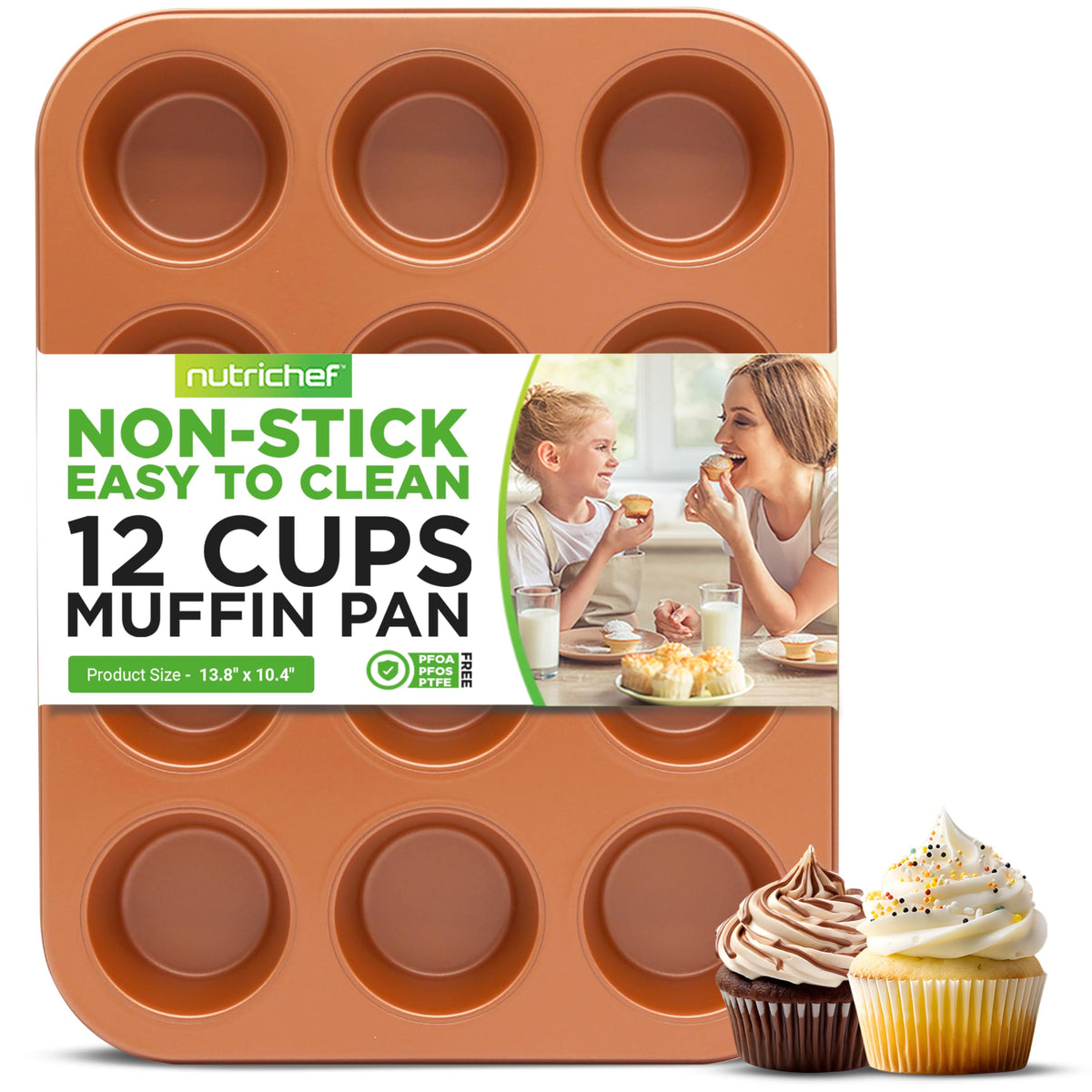 Nutrichef 12-Cup Copper Oven Muffin Pan, Non-Stick Coated Layer Surface, Even Heating Muffin Tray For Muffins, Cupcakes, Pastrie