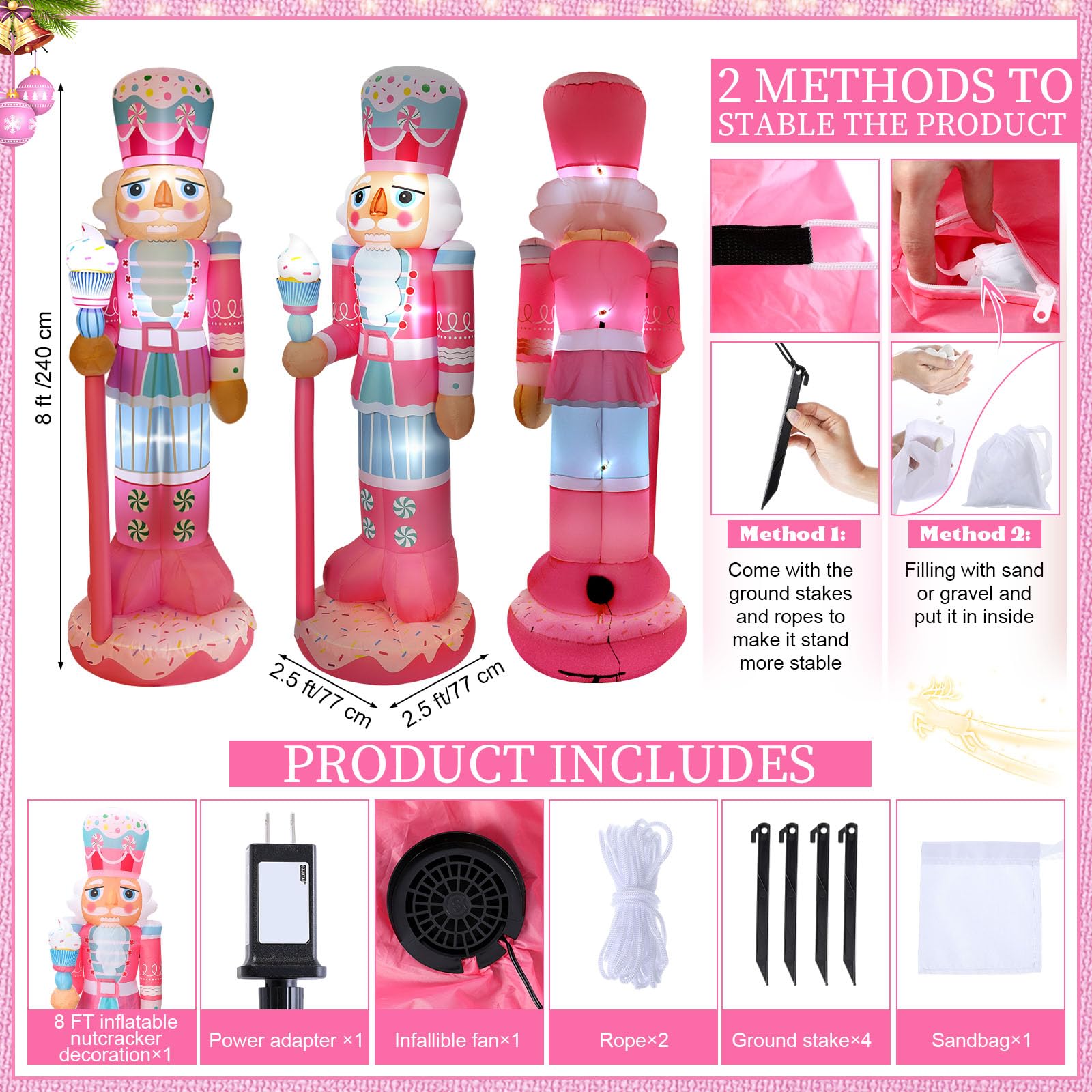 Geyoga 8FT Christmas Inflatable Outdoor Decoration Pink Nutcracker Hold Cake Cane Blow Up with LED Lights Inflatable Nutcracker