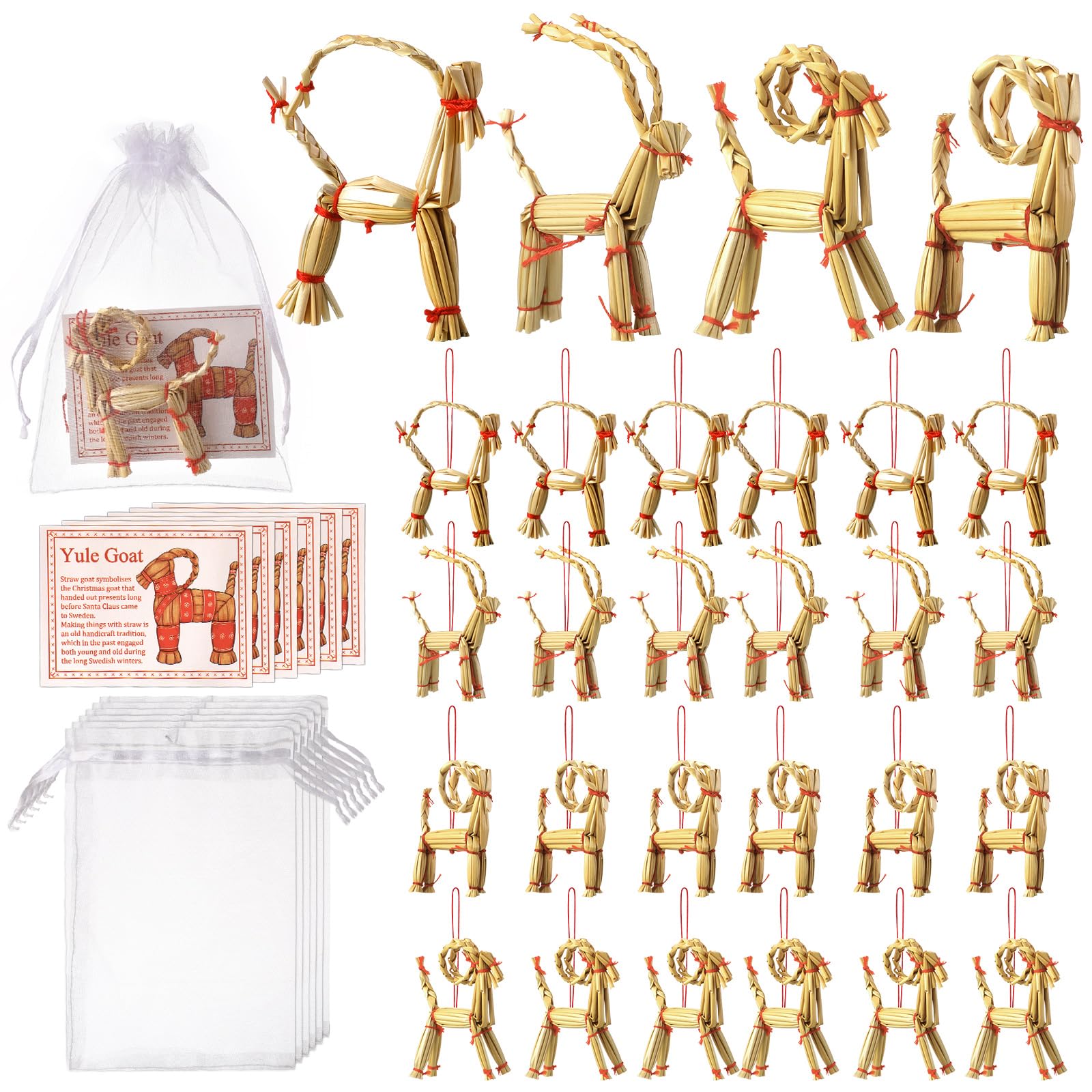 Gerrii 24 Set Christmas Straw Goats Yule Straw Goat Gifts Cards Bags Swedish Tradition Handmade Craft Hanging Ornaments Christma