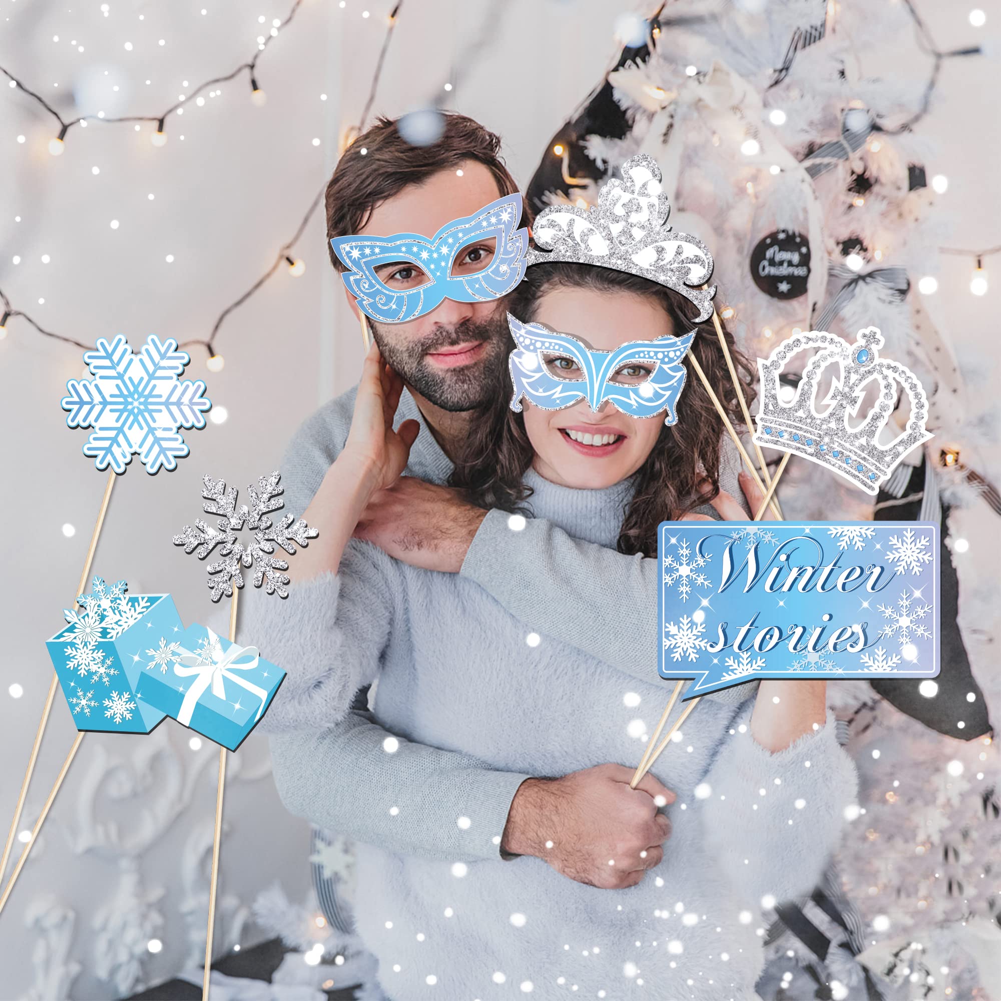 Snowflake Photo Booth Props With Sticks, Blue Snow Photo Booth Props, Christmas Selfie Props, Winter Themed Party Decorations (2