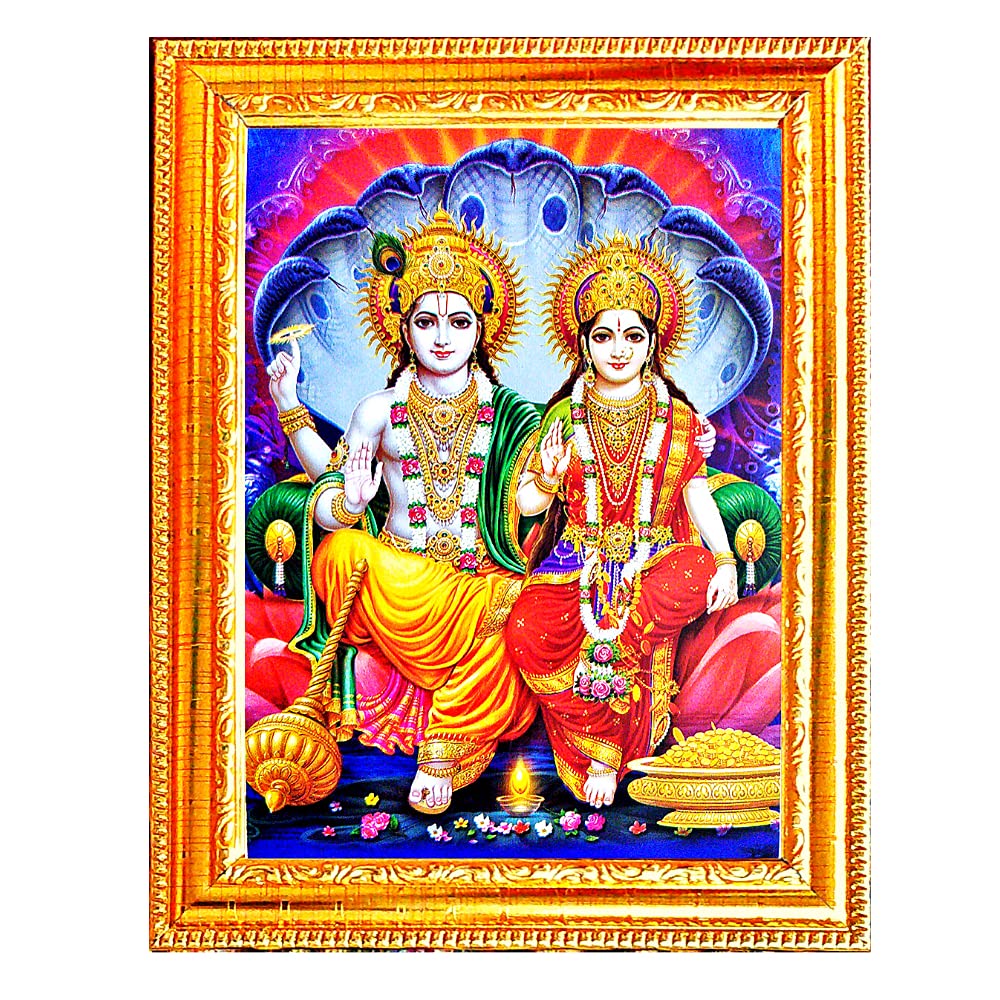 Suninow Vishnu Laxmi Photo With Frame | God Goddess Religious Framed Painting For Wall And Pooja/Hindu Bhagwan Devi Devta Photo 