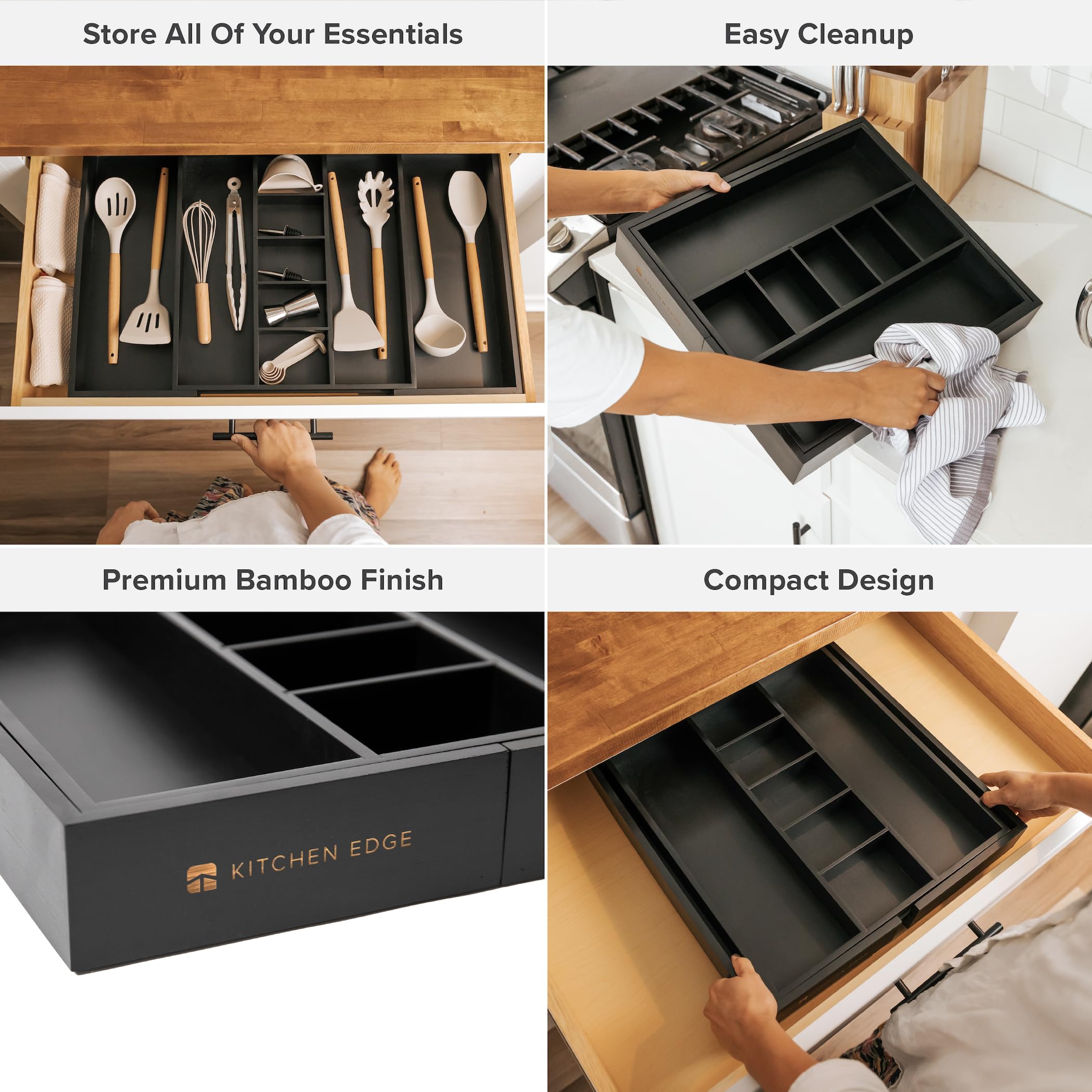 Kitchenedge Adjustable Kitchen Drawer Organizer For Utensils And Junk, Expandable To 33 Inches Wide, 9 Compartments, 100% Bamboo