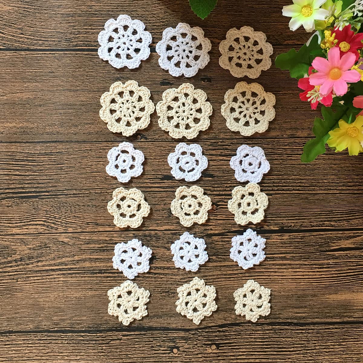 Mindplus Super Mini Doilies 1-2 Inches White Beige Cotton Small Hand Crochet Petals Lace Doilies For Crafts,Set Of 18