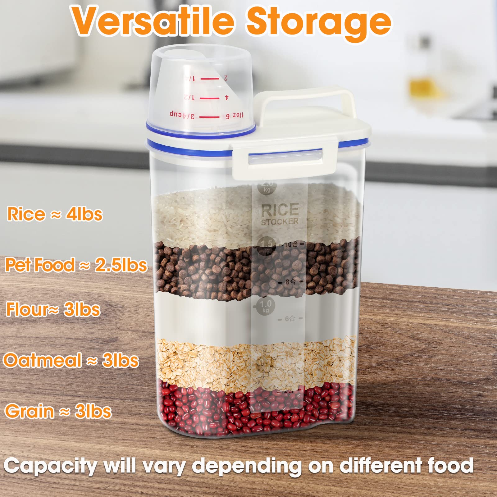 Tbmax Rice Storage Bin Cereal Containers Dispenser With Bpa Free Plastic + Airtight Design + Measuring Cup + Pour Spout - 2Kg Ca