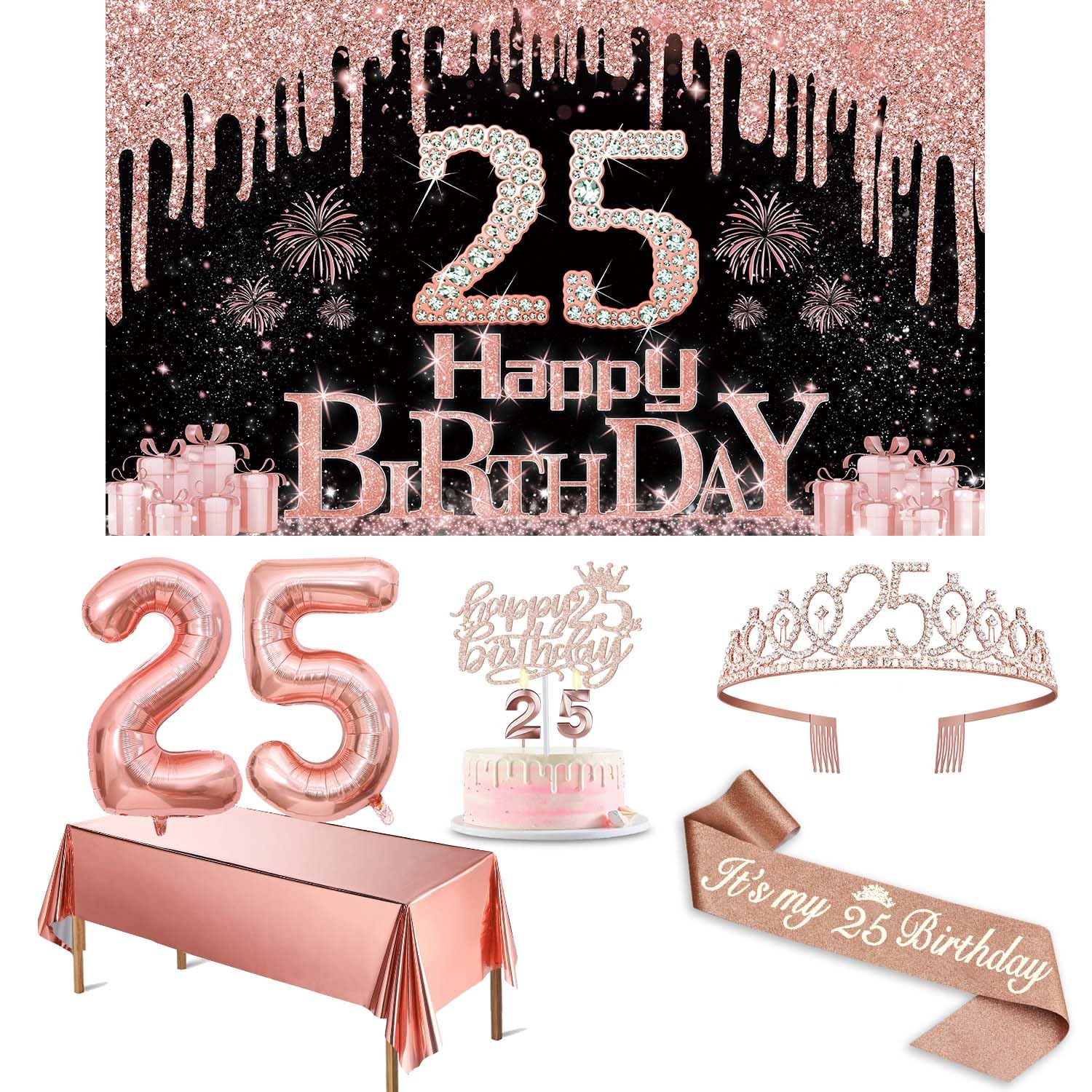 25Th Birthday Decorations For Women With Banner, Rose Gold Tablecloth, Number Balloons, 25Th Birthday Sash And Tiara, Cake Toppe