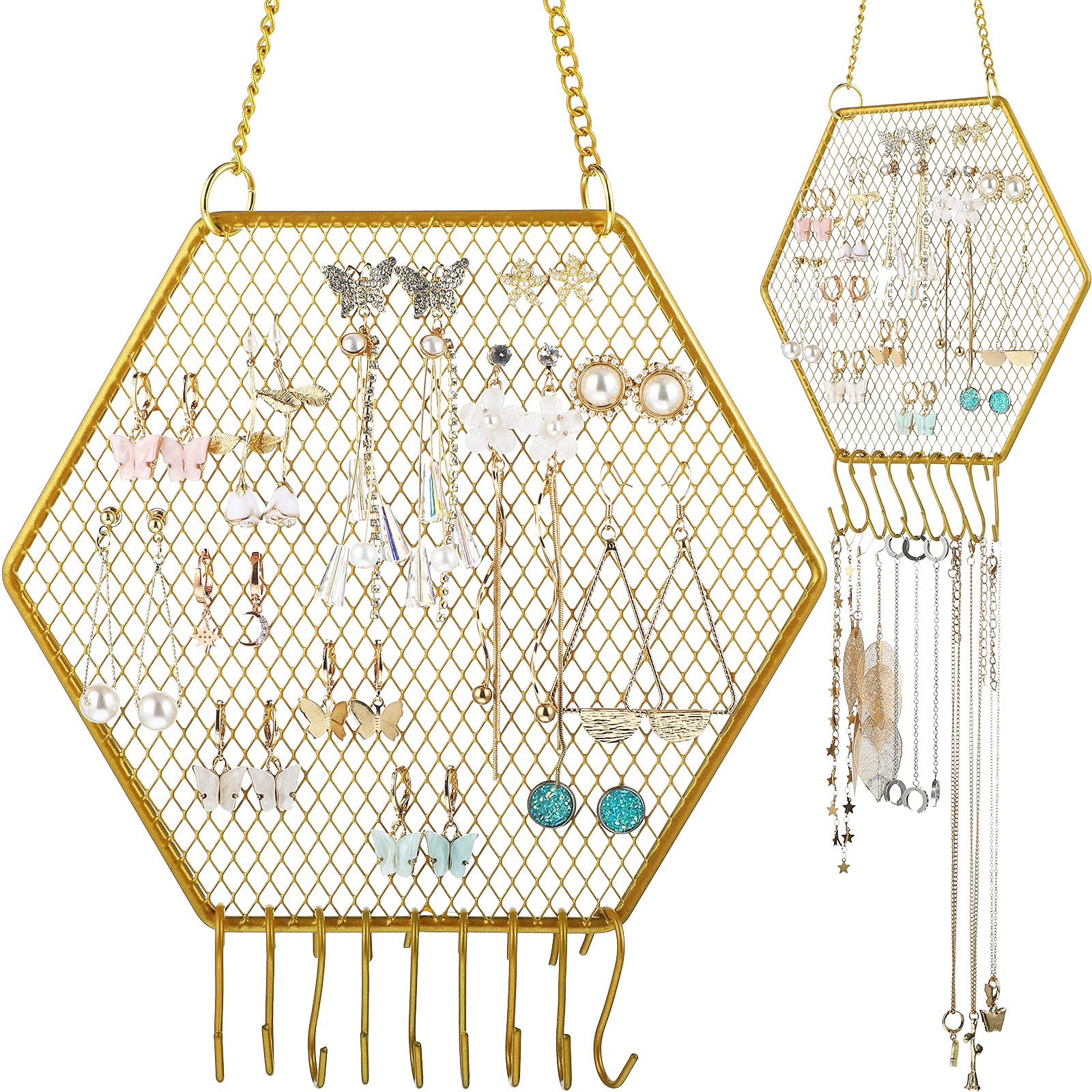 2 Pieces Earring Wall Holder Wall Mounted Earring Organizer Hanging Hexagon Earring Stand Decorative Diamond Grid Shape Jewelry 