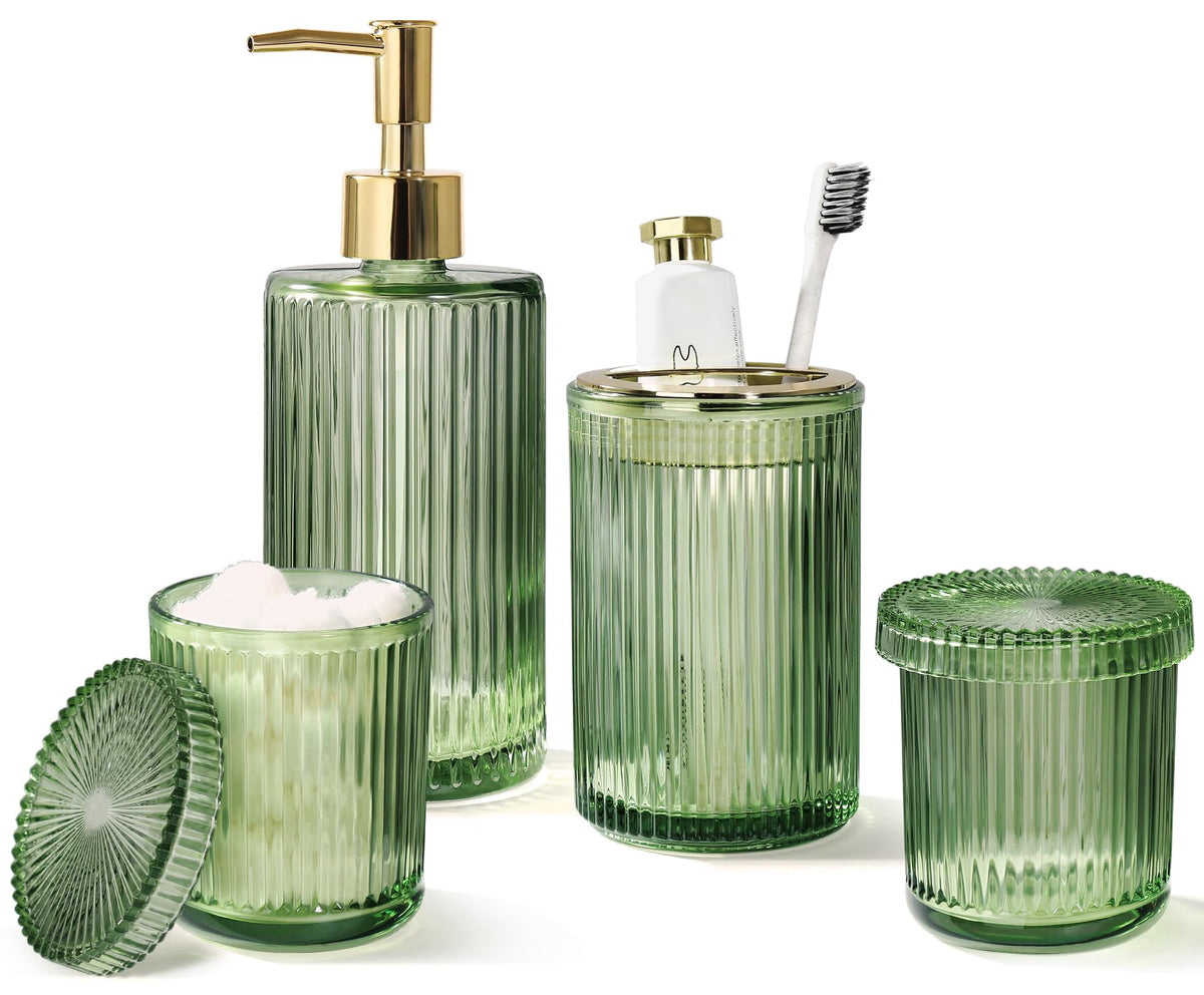 Green Glass Bathroom Accessories 4 Pcs, Green Bathroom Set, Green Soap Dispenser And Toothbrush Holder Set, Qtip Holder Set, Vin