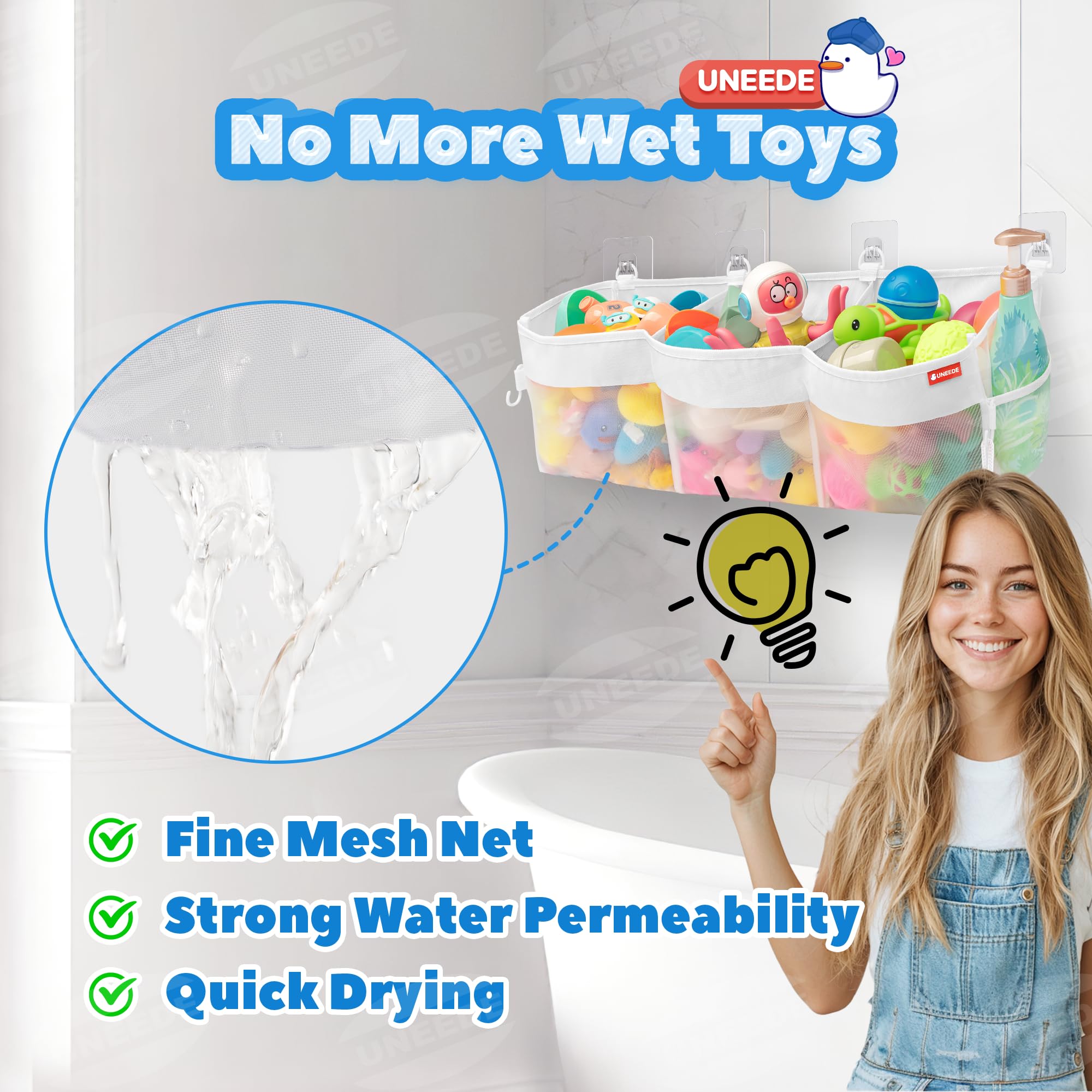 Uneede 3 Compartment Horizontal Bath Toy Storage,4.95 Gallons Bathtub Toy Storage Organizer,Bath Toy Holder For Bathtub,Baby Org
