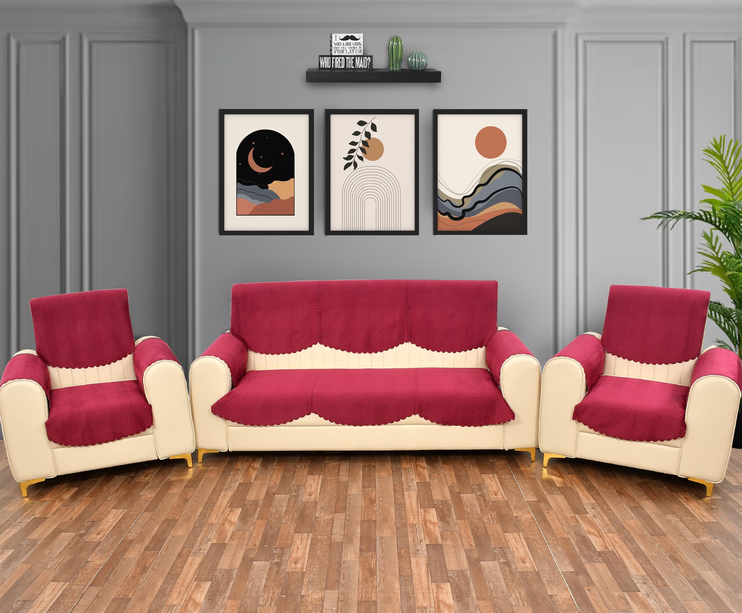 Yellow Weaves 5 Seater Quilted Sofa Cover And Chair Cover With Arm Cover, Seat & Back Cover, Color - Cardinal Red