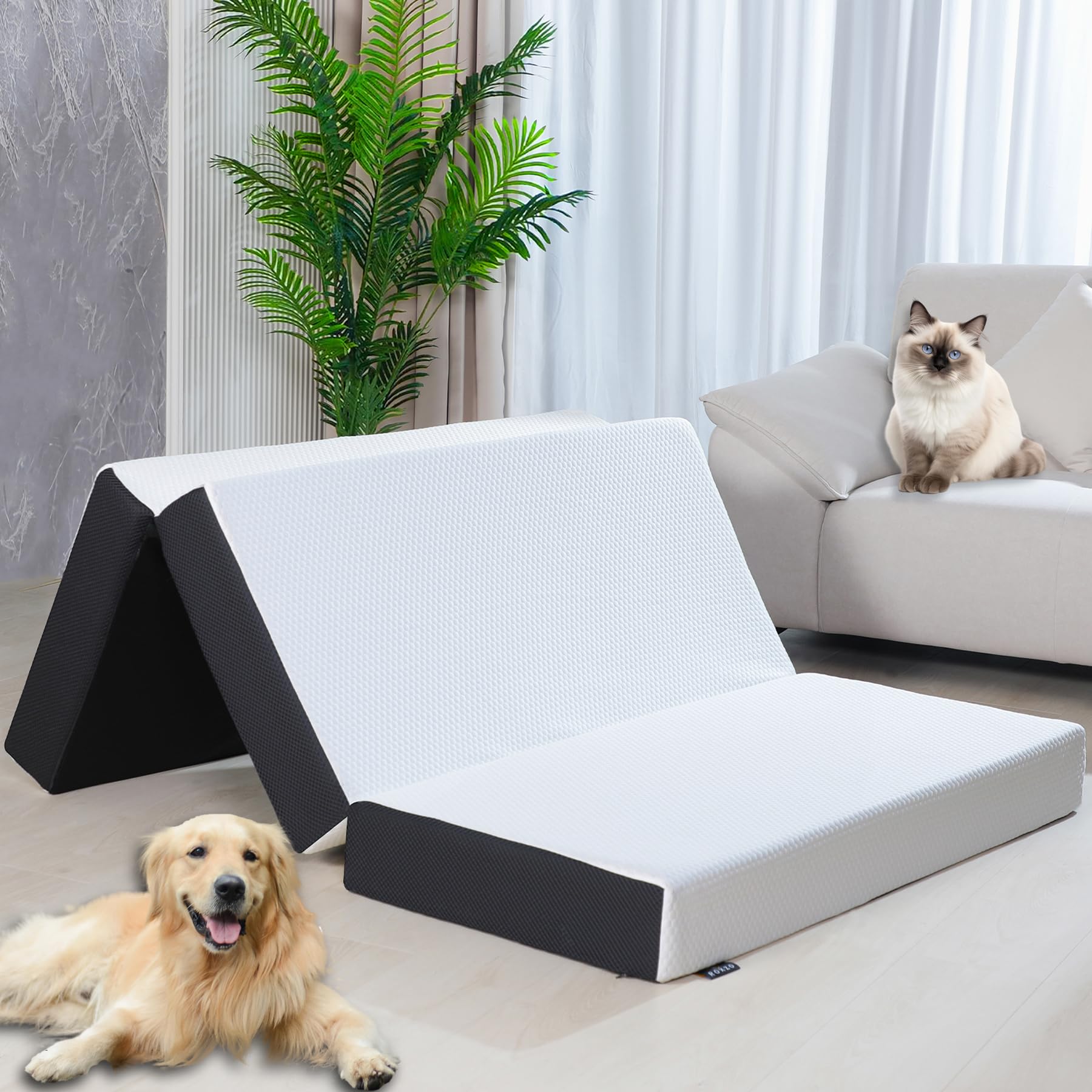 Roxzo Folding Mattress Queen Size,6 Inch Tri-Fold Memory Foam Mattress Topper With Washable Cover, Non-Slip Bottom Mattress Gues