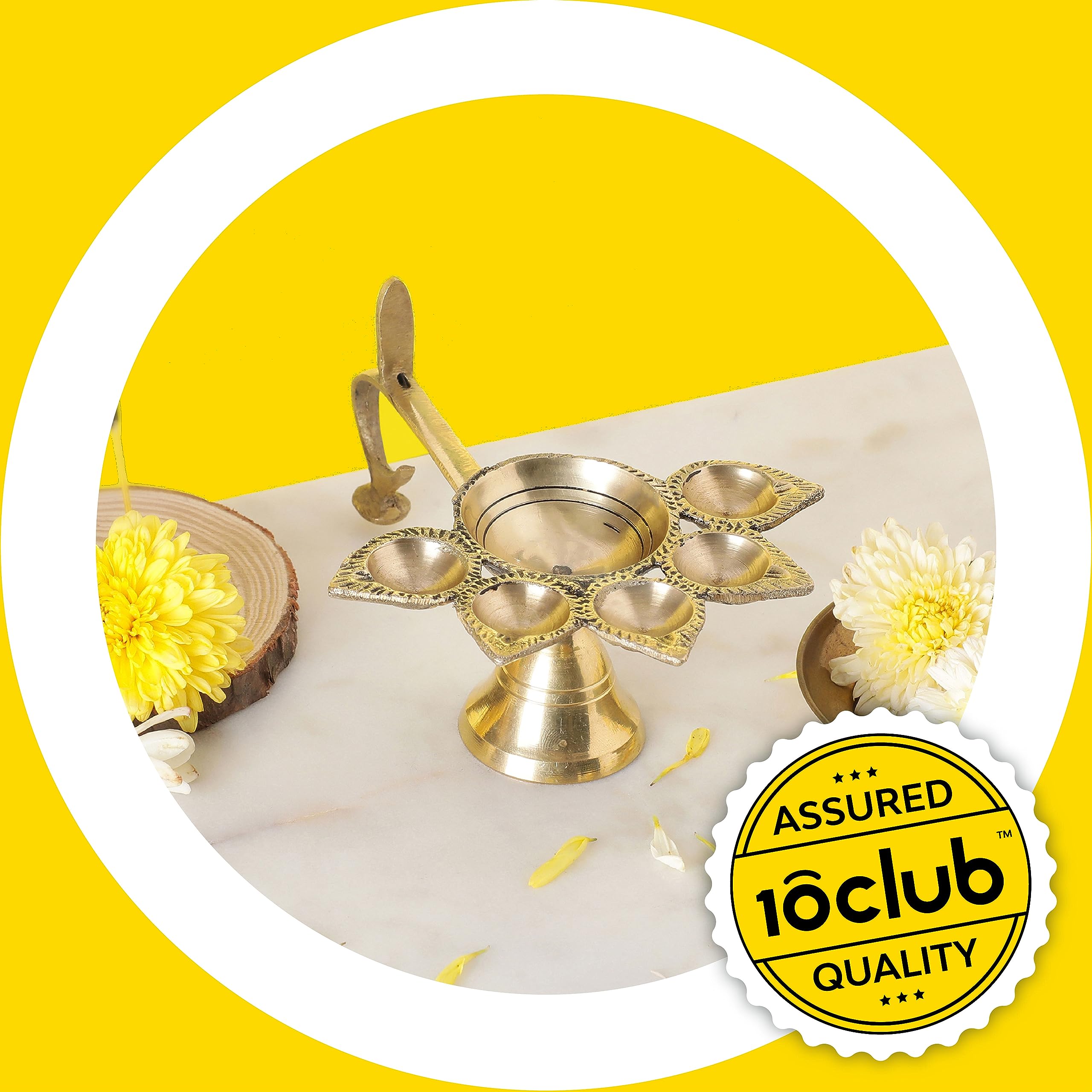 10Club Panch Aarti 100% Pure Brass Diya | Panchmukhi Puja Diya (15L X 11B X 6H cm, 370 gm) | Ghee Lamp | Aarti Ghee Deepak for H